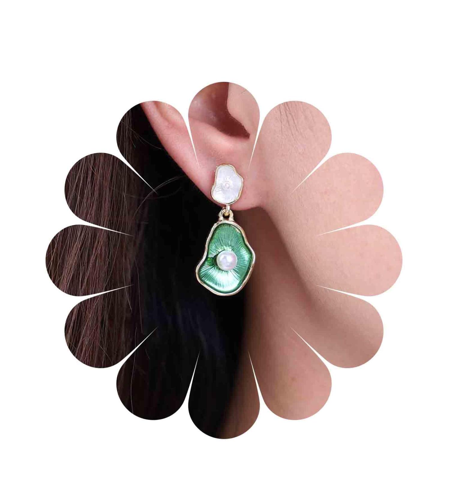 Vintage Green Lotus Leaf Pearl Drop Earrings - Enamel Flower Jewelry for Women - Buy Online on GoSupps.com