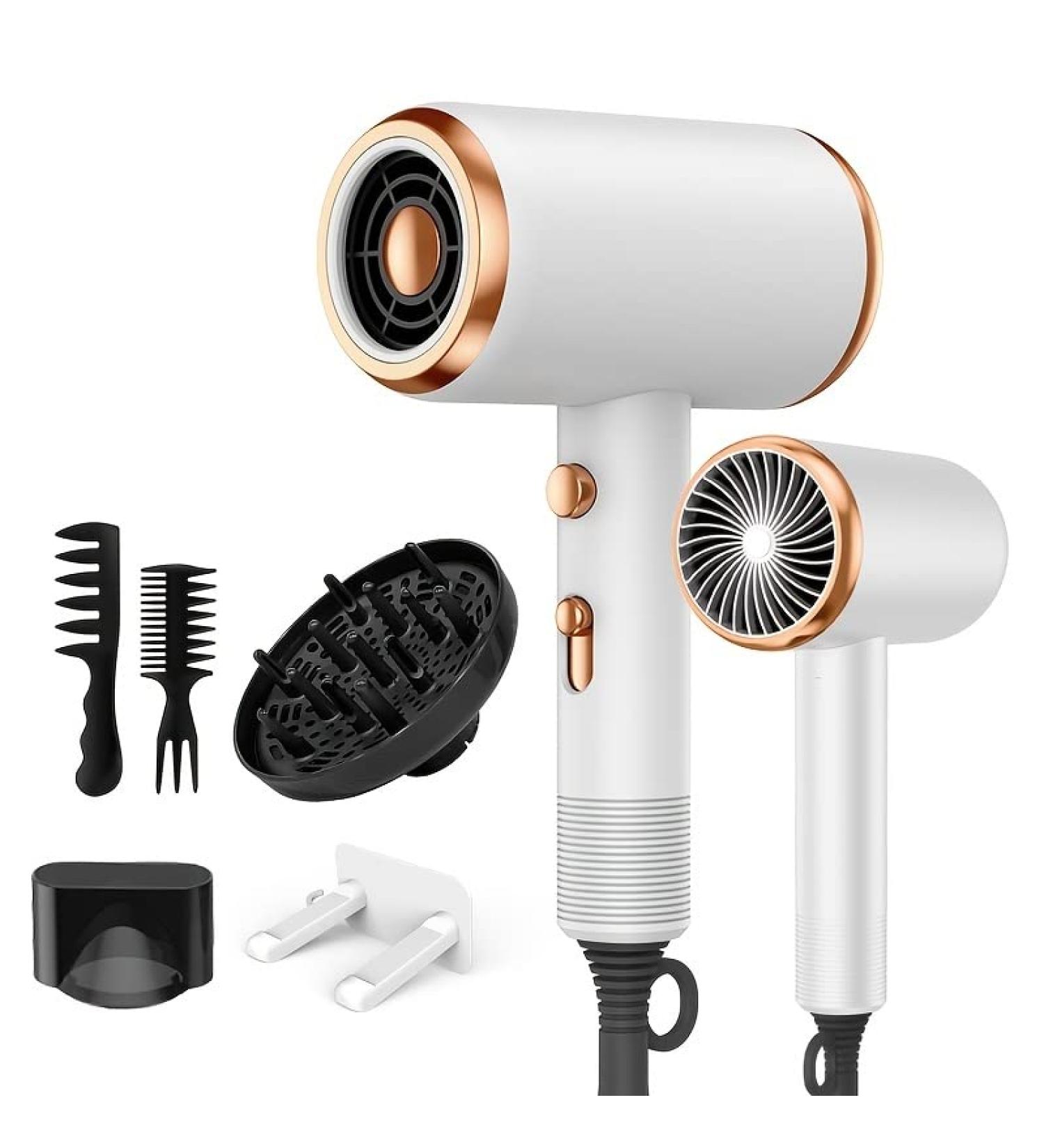 Professional Hair Dryer 1800W Powerful Ionic Hairdryer With Diffuser Blow Dryer With 2 Speeds 3 Heating And Cool Button For Women Man Home Travel Salon Curly And Straight Hair (White) - Buy Online on GoSupps.com