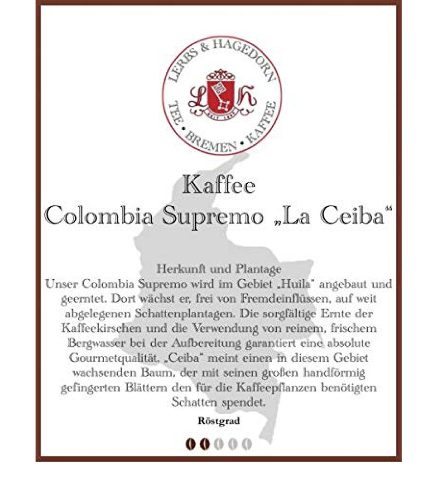 Lerbs & Hagedorn Colombia 1 Kg Supremo La Ceiba Coffee