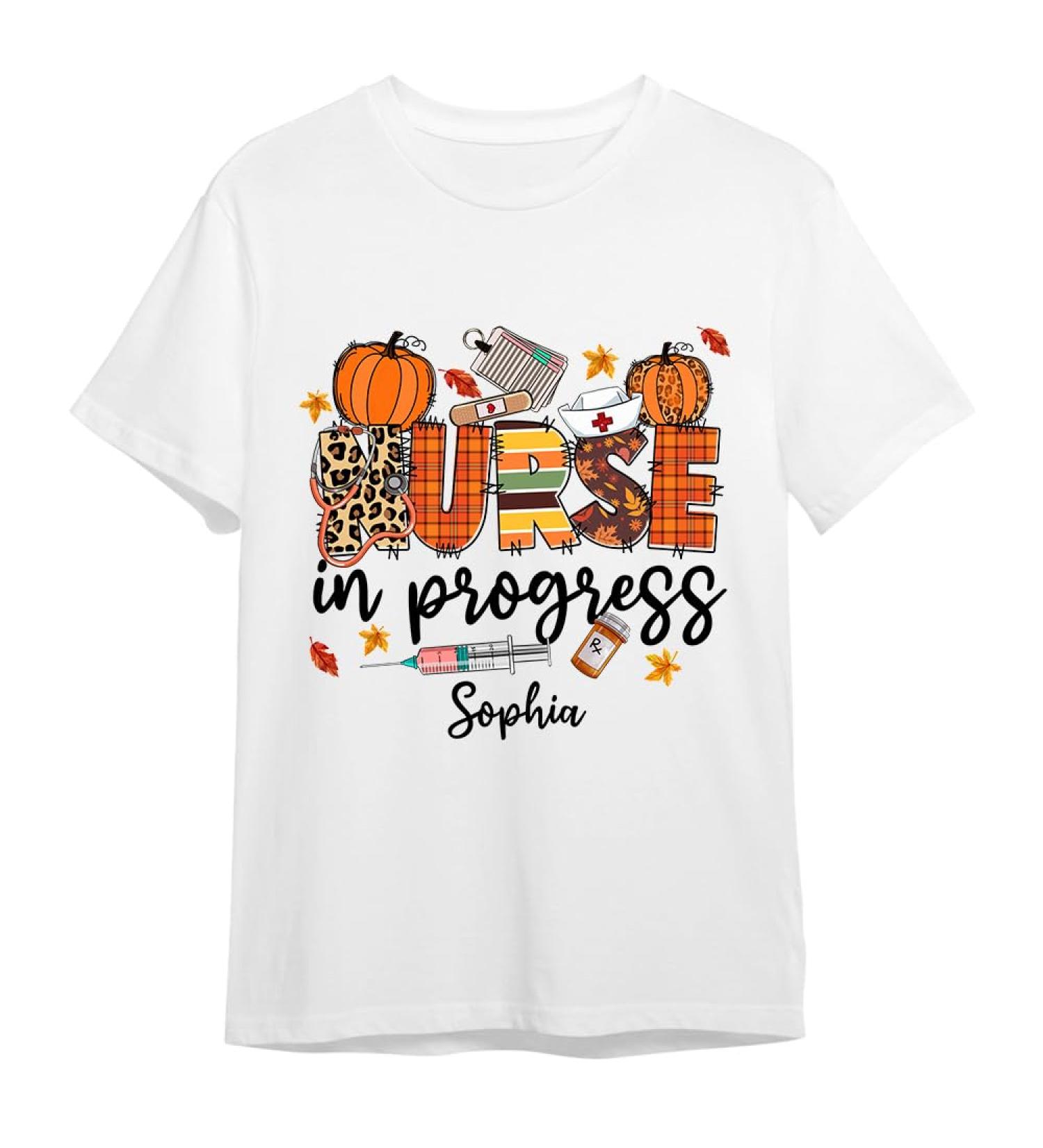 Personalized Nurse Shirt | Custom Name Fall Tee | Perfect Nurse Gifts from Family & Friends | Nurse in Progress Pumpkin Design - Buy Online on GoSupps.com