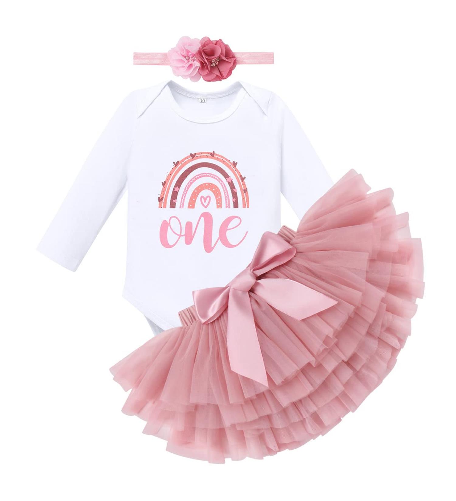 FYMNSI Boho Rainbow 1st Birthday Outfit Baby Girl Cake Smash Set - Dusty Pink 3pcs - Buy Online on GoSupps.com