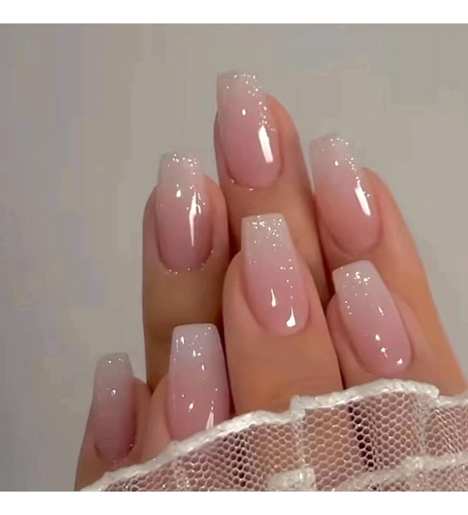 24Pcs Pink Ombre Acrylic Press On Nails - Medium Square Fake Nails with Glitter Designs for Women & Girls - Buy Online on GoSupps.com