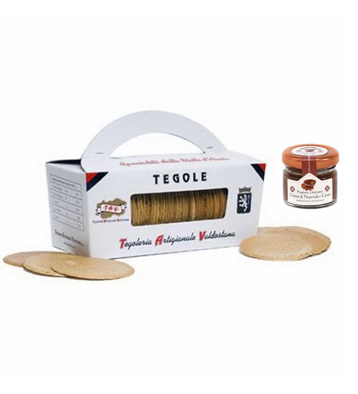 Valdostane artisan biscuits 300g pack + 28g jar of Alpenzu hazelnut and cocoa cream. The traditional mountain biscuit
