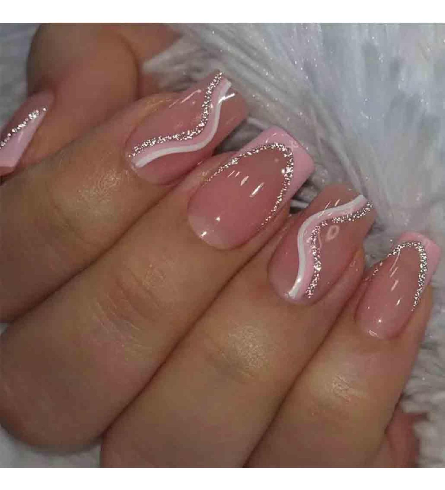 Foccna Coffin French Press On Nails - Pink Swirls Medium Long Fake Nails for Women & Girls | 24 Pcs - Cute Daily Artificial Nail Art - Buy Online on GoSupps.com