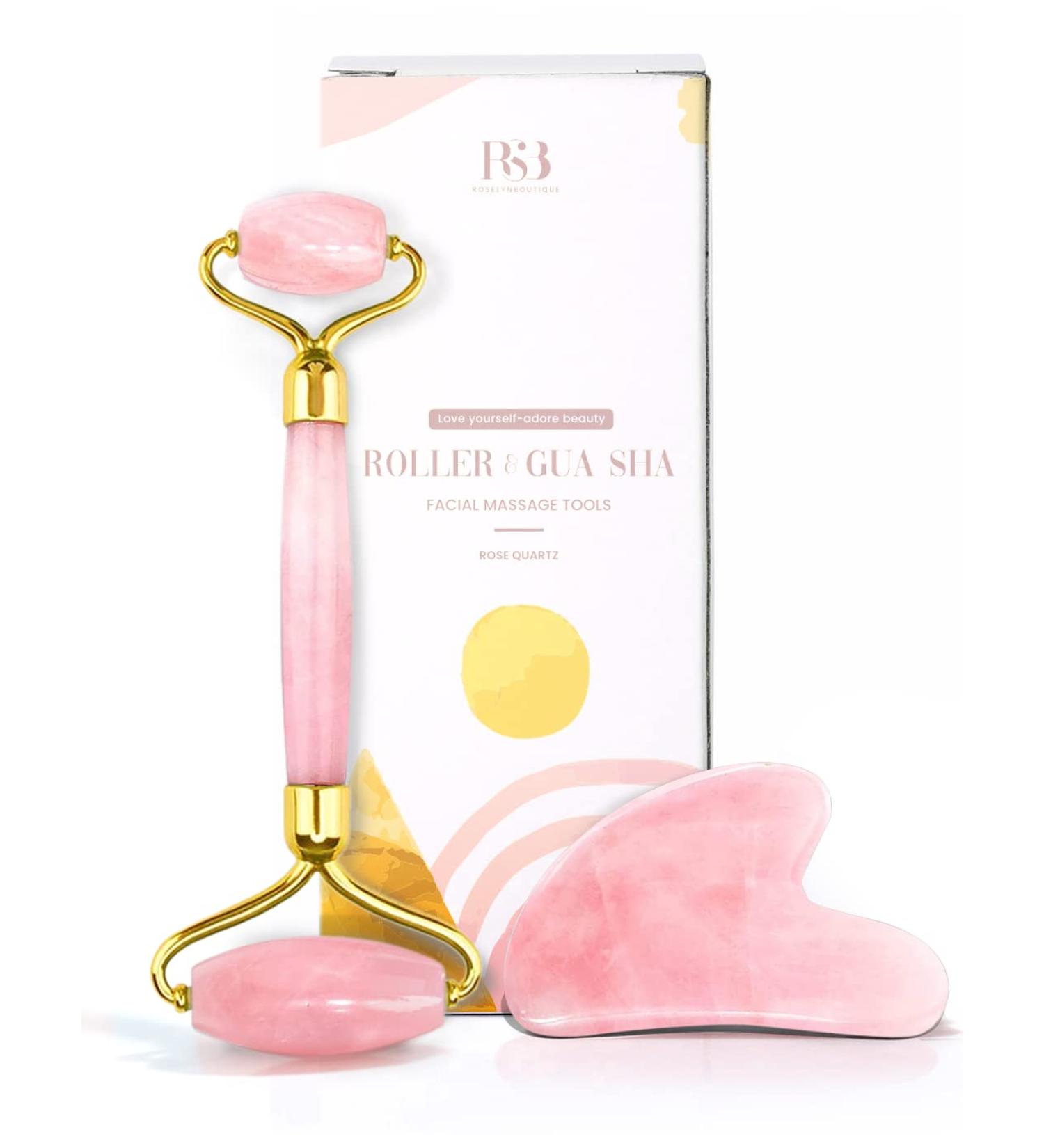 ROSELYNBOUTIQUE Gua Sha Facial Tools - Manual Face Massager Stick for Men Women (Pink w/ Roller) - Buy Online on GoSupps.com
