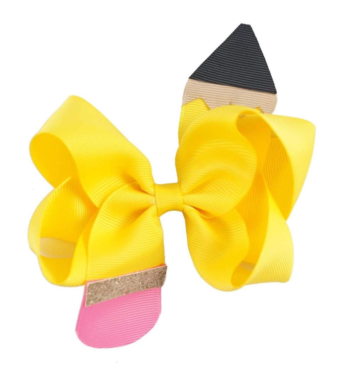 NEW "Yellow Pencil" Hair Bow 4.5 Inch Back to School Bows Alligator Clip Grosgrain Ribbon Boutique Kindergarten