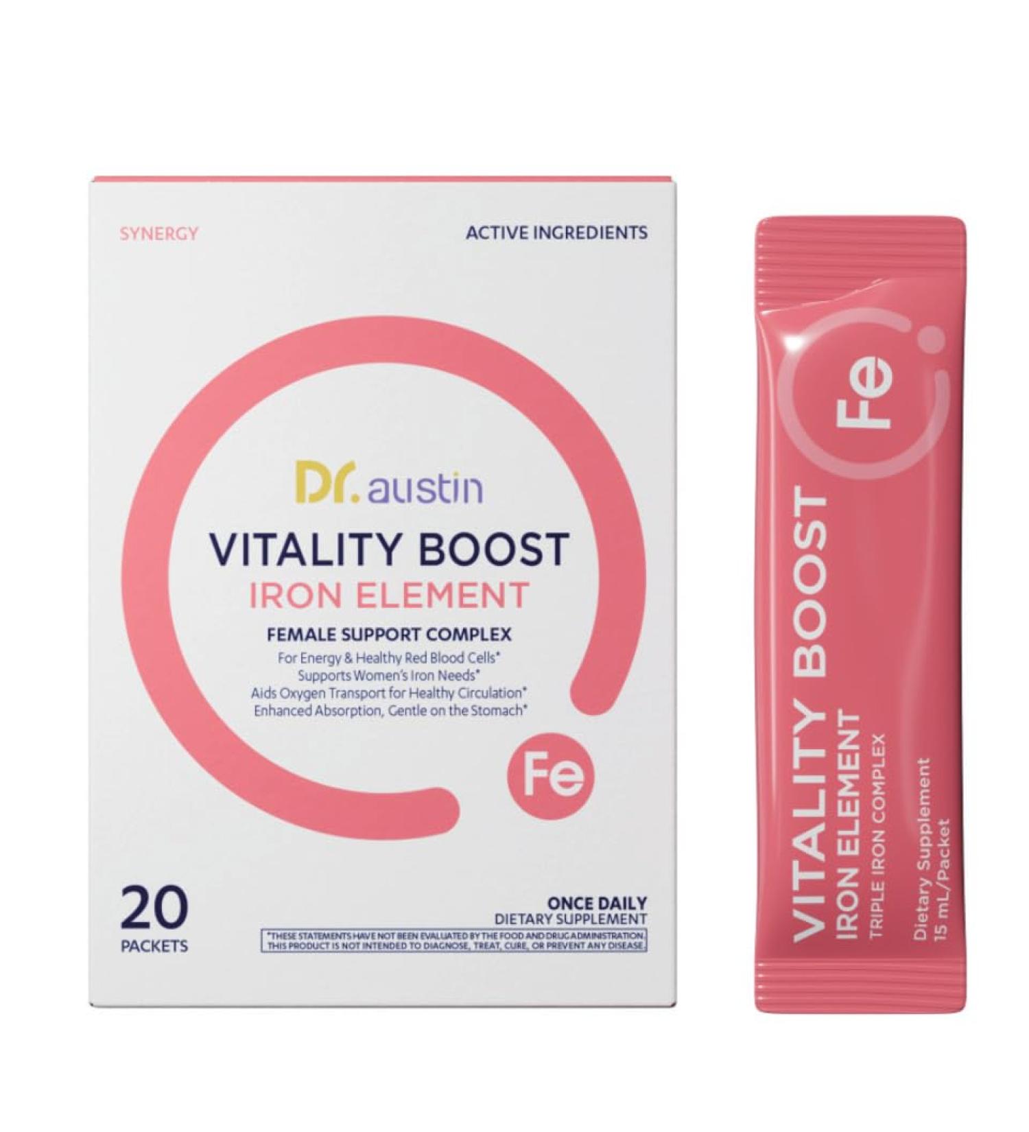 Dr. Austin Vitality Boost Iron Element with B-Vitamins & C - Gentle High-Absorption Formula for Energy Support - 20 Liquid Packets (1)