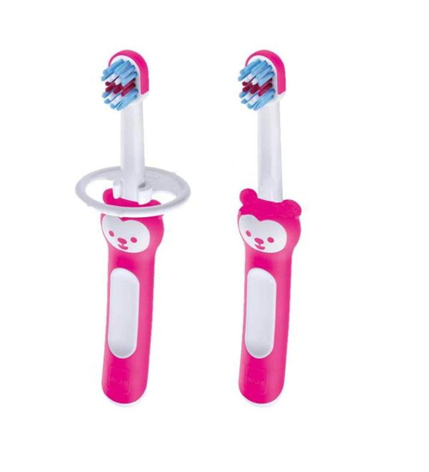 MAM Learn to Brush Set (1 Baby's Brush Toothbrush, 1 Training Brush, 1 Safety Shield), Baby Toothbrushes with Brushy The Bear, Interactive App, for Girls 5+ Months, Pink
