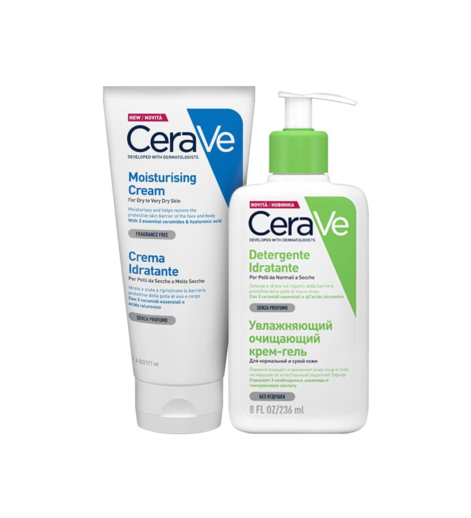CeraVe Dry Skin Care Kit Moisturizing Face and Body Cream for Dry Skin 177 ml + Moisturizing Facial Cleanser for Normal to Dry Skin with Hyaluronic Acid 236 ml - Buy Online on GoSupps.com