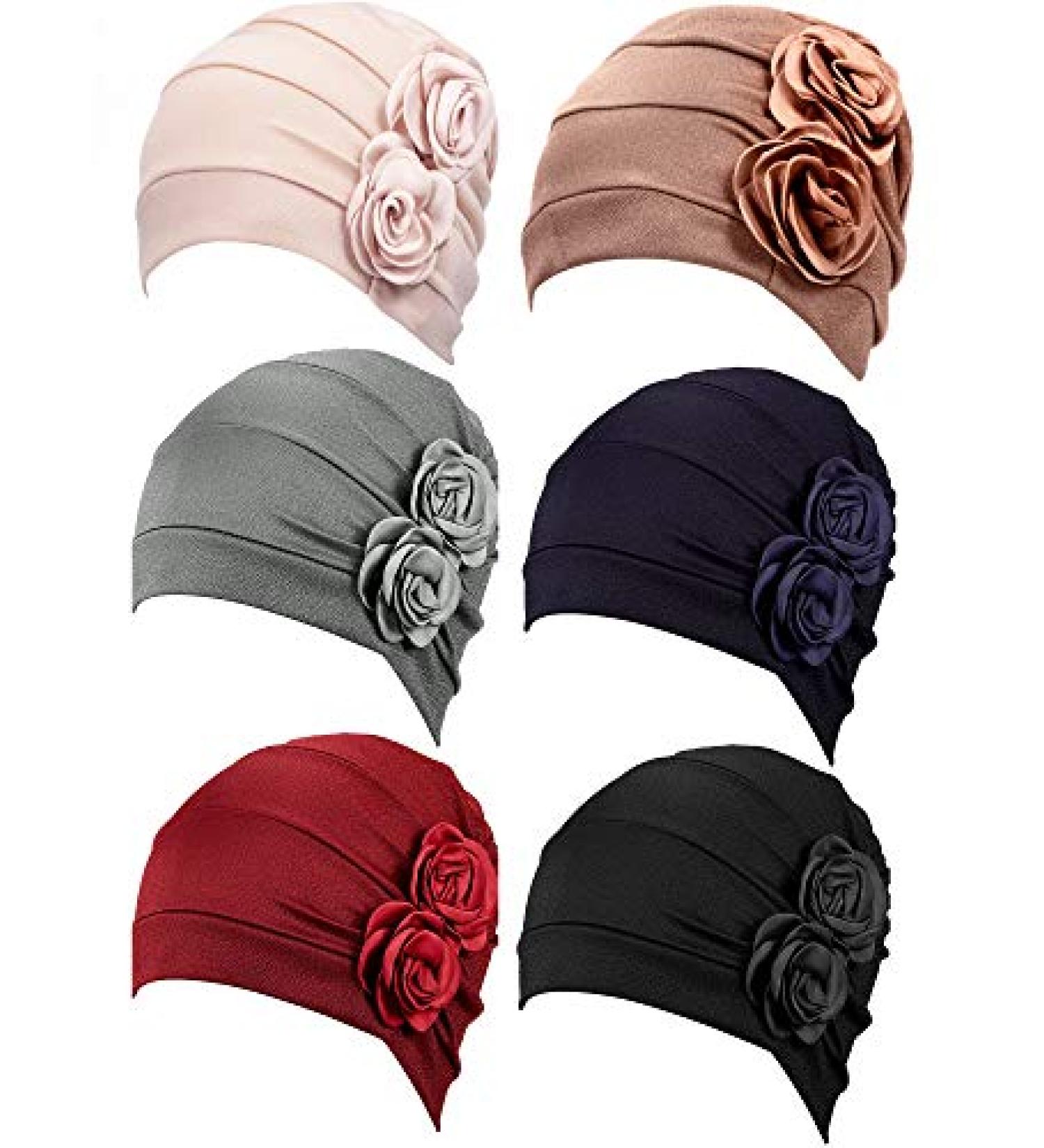 6-Piece Women's Vintage Flower Turban Caps - Elastic Headwrap Beanie Hat in Chic Colors - Buy Online on GoSupps.com