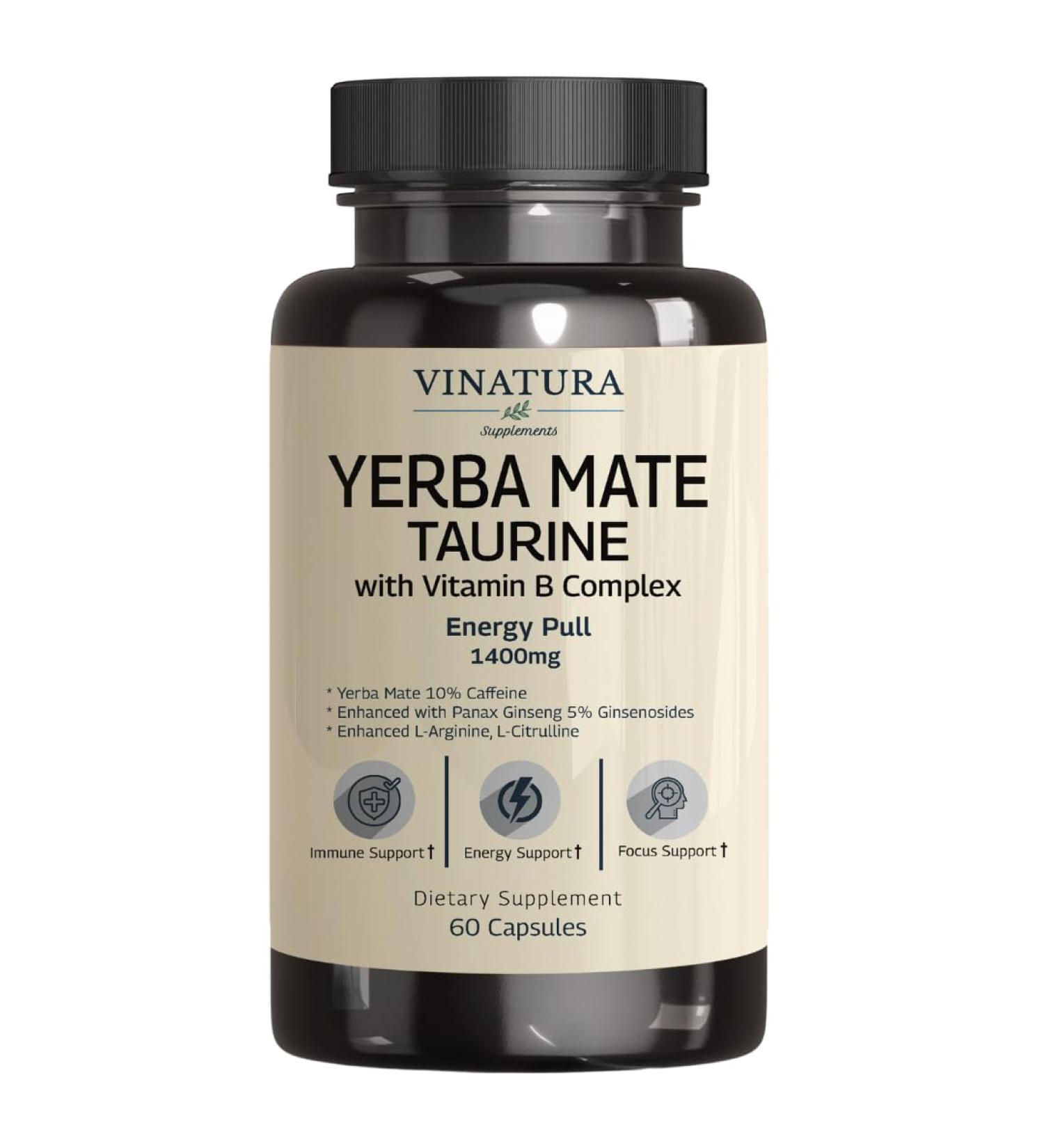 VINATURA Yerba Mate Taurine 1400mg - USA Made Energy Supplement with Panax Ginseng & Vitamin B Complex - 60 Capsules - Buy Online on GoSupps.com