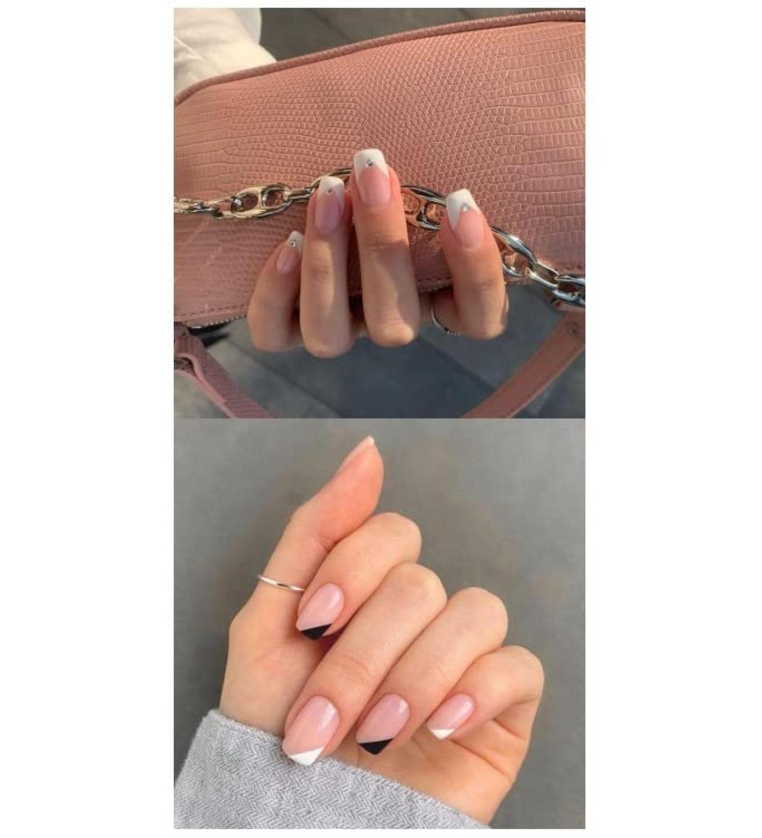 JUSTOTRY 48 Pcs Geometric Square White & Black French Tip False Nails - Medium Length Press on Nails with Nail Glue - Squoval Shape for Women - Buy Online on GoSupps.com