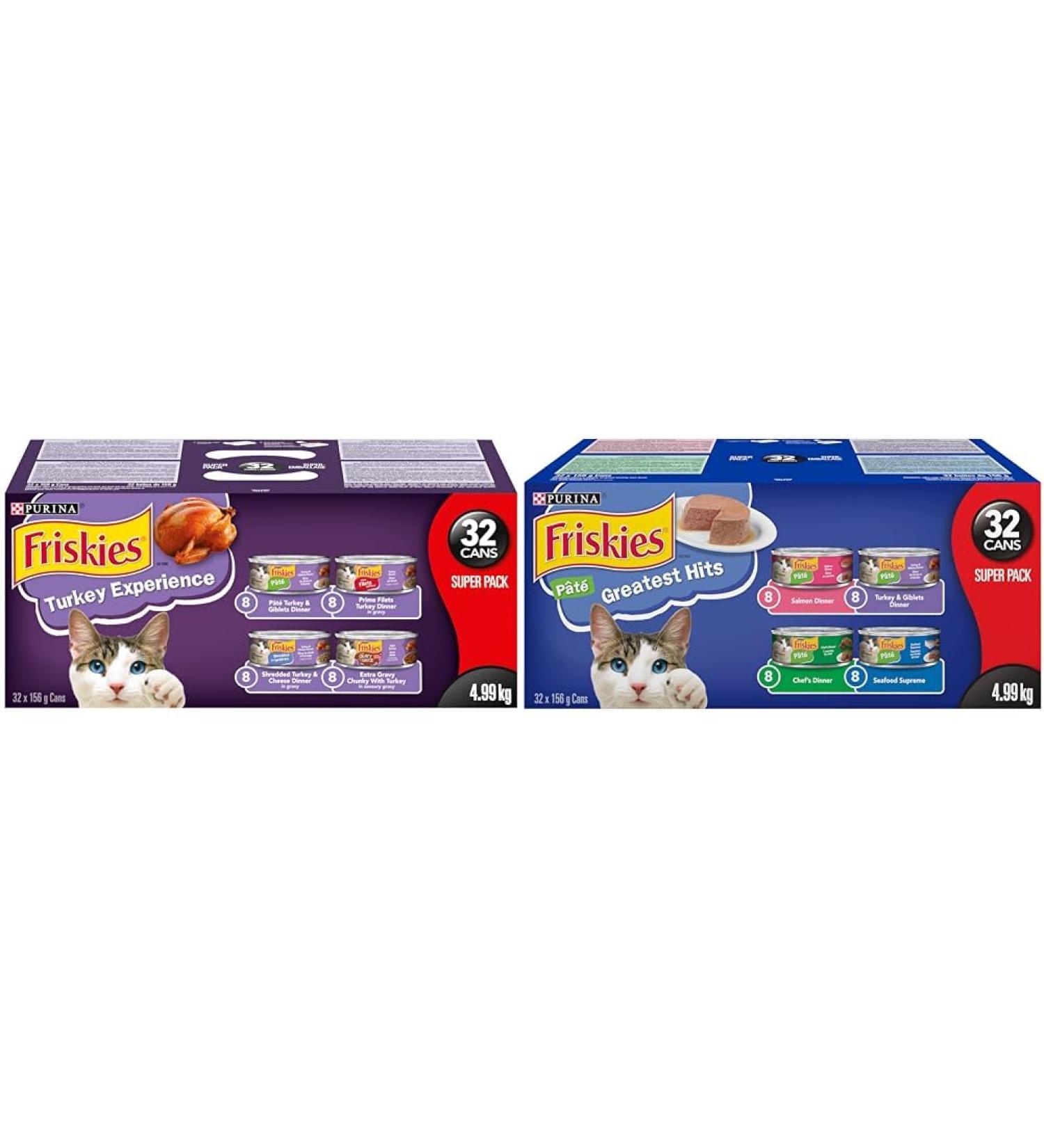 Purina Friskies Turkey Experience Wet Cat Food Super Pack 32 x 156g Cans Brown (44338) & Greatest Hits Wet Cat Food Pate Variety Pack 4 Flavours - 156 g Can (32 Pack) - Buy Online on GoSupps.com