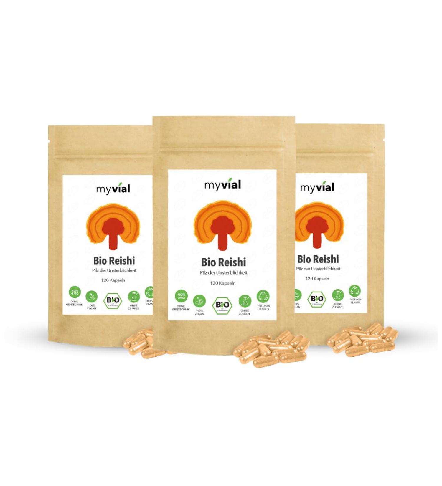 Buy Myvial Bio Reishi Capsules - 120 Vegan 400mg Capsules | Natural Ganoderma Lucidum | 60-Day Supply | Plastic-Free | International Shipping - Buy Online on GoSupps.com