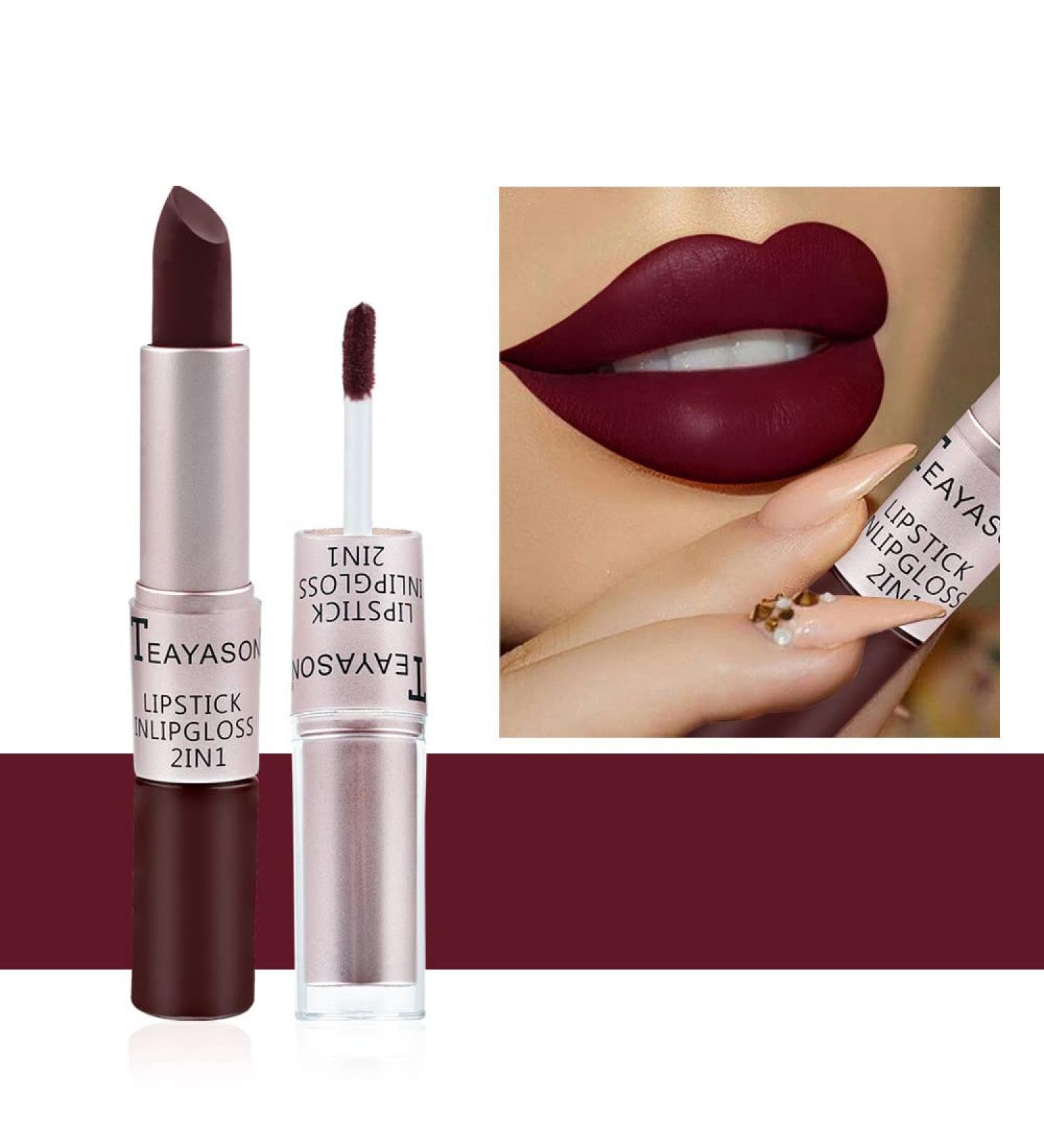  Hikaka 2 in 1 Matte Velvet Satin Lipstick & Gloss Set Double Headed Matte Finish Non-stick Cup No Fade Nude Color Long Lasting Waterproof Lip Gloss (B) - Buy Online on GoSupps.com