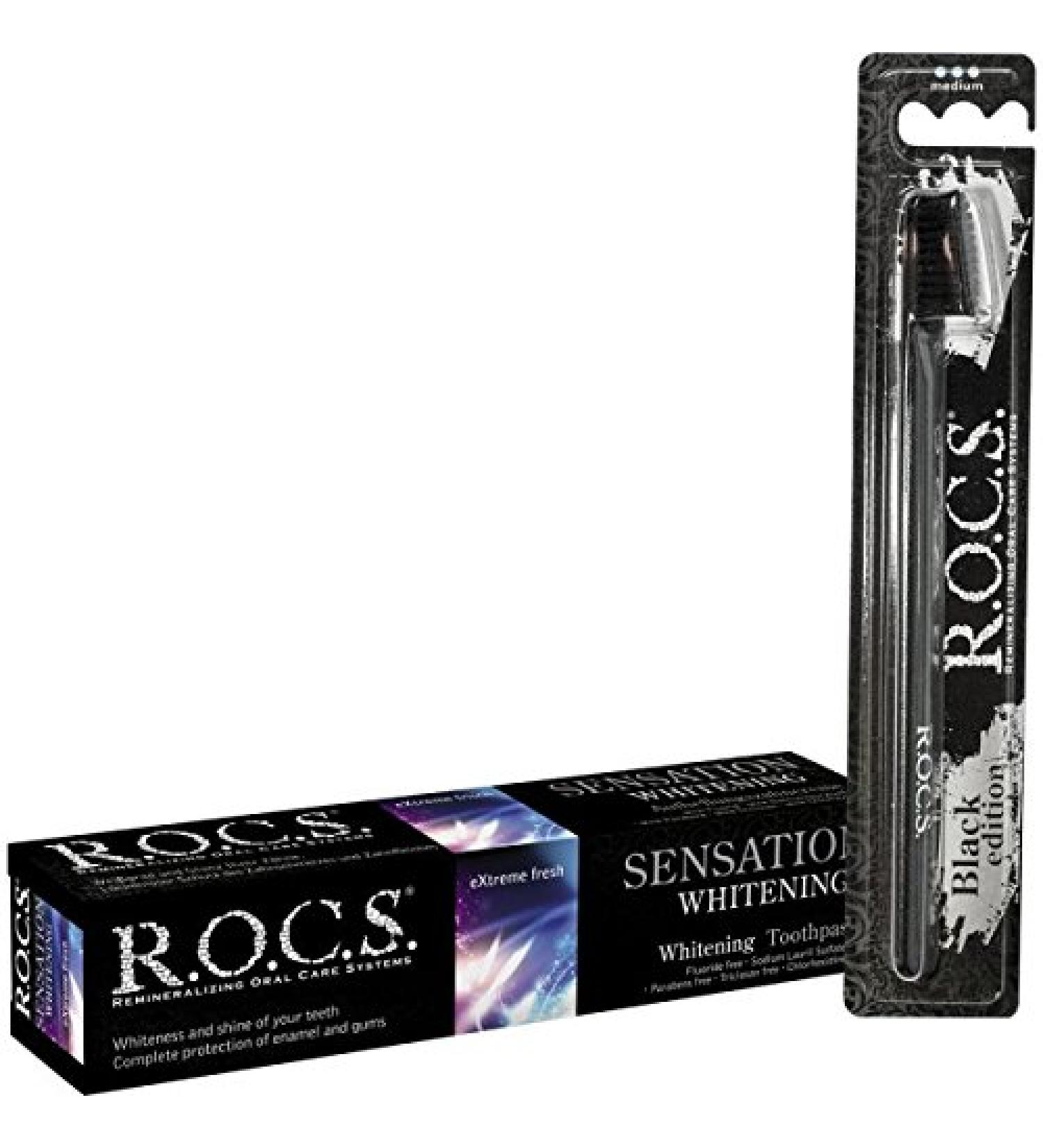 R.O.C.S. Sensation Whitening Dental Care Set - Brightening Toothpaste & Black Edition Toothbrush for Adults - 74g Tube - Buy Online on GoSupps.com