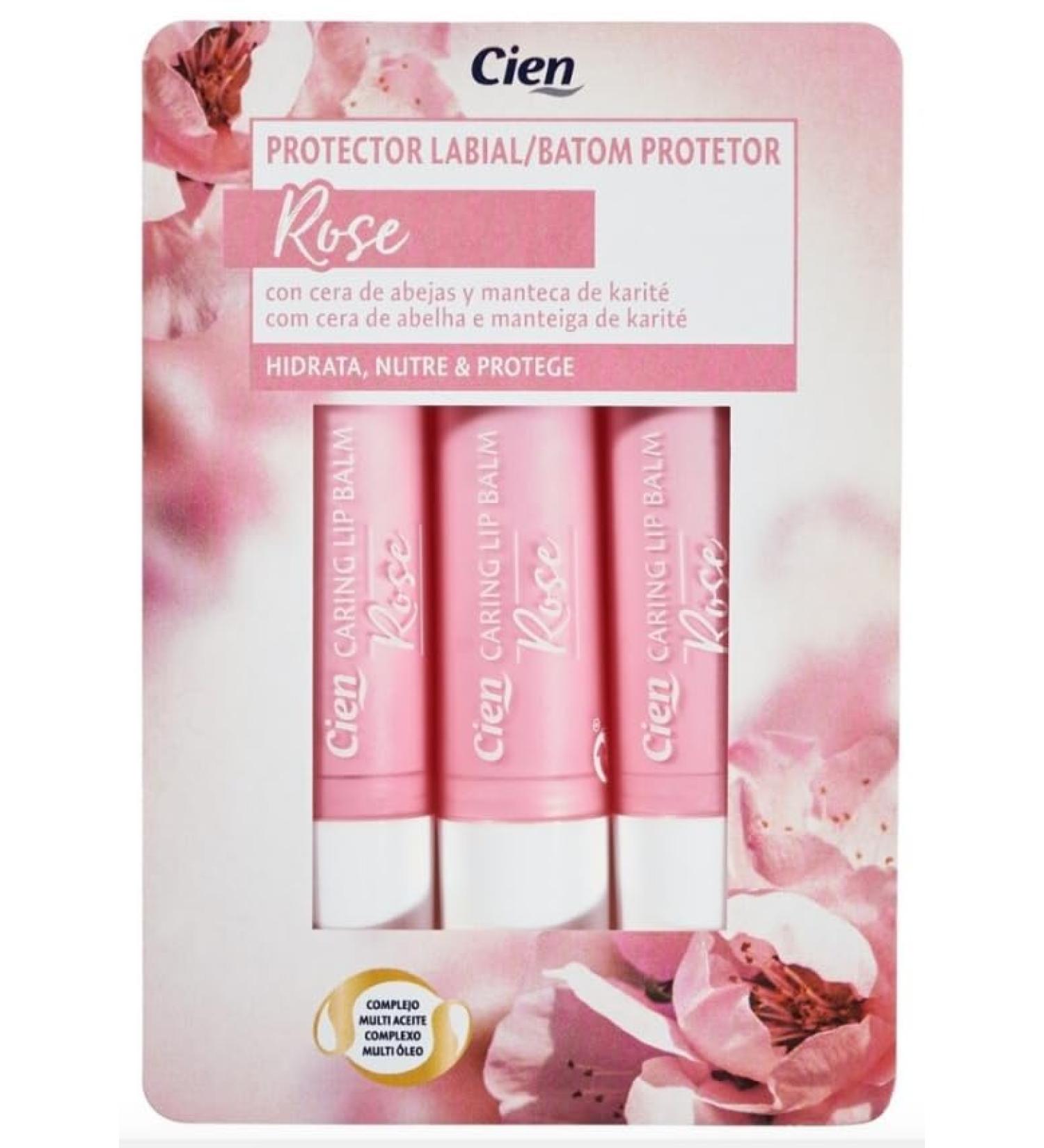 Cien Pink Lip Balm 14.4g (3 x 4.8g) with Beeswax and Shea Butter, Moisturizes, Nourishes and Protects Sensitive Lips