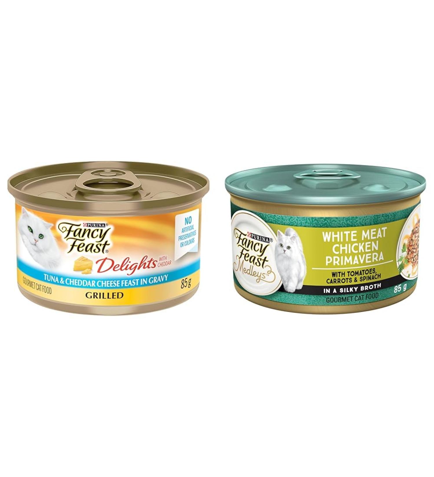 Fancy Feast Delights with Cheddar Wet Cat Food Grilled Tuna & Cheddar Cheese Feast - 85 g Can (24 Pack) & Wet Cat Food White Meat Chicken Primavera - 85 g Can (24 Pack) Cat Food + Cat Food 85 g Can (24 Pack) - Buy Online on GoSupps.com