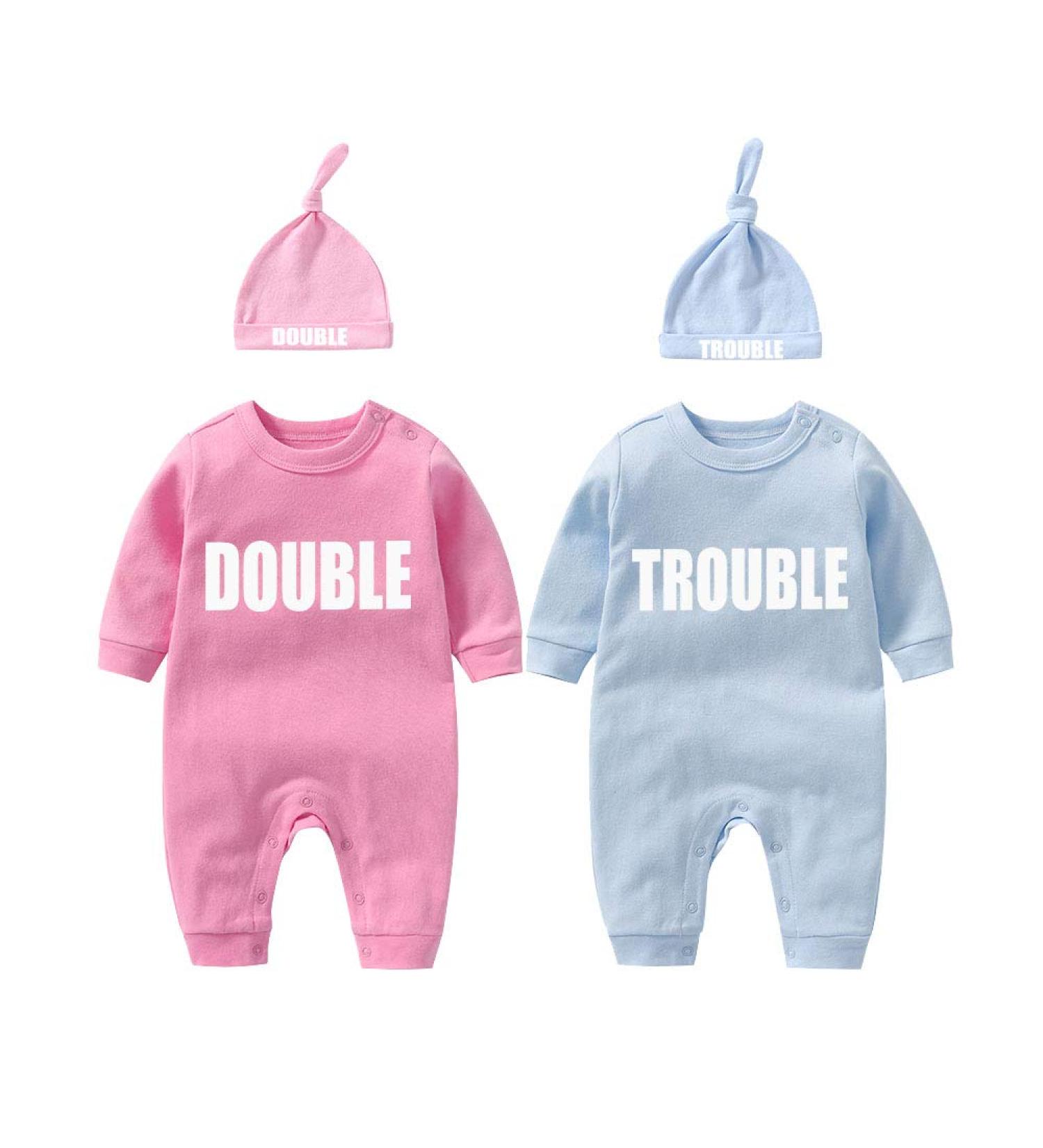 Culbutomind Baby Twins Bodysuits Double Trouble Romper Set with Hat - Unisex Newborn Outfit (0-3 Months) - Buy Online on GoSupps.com