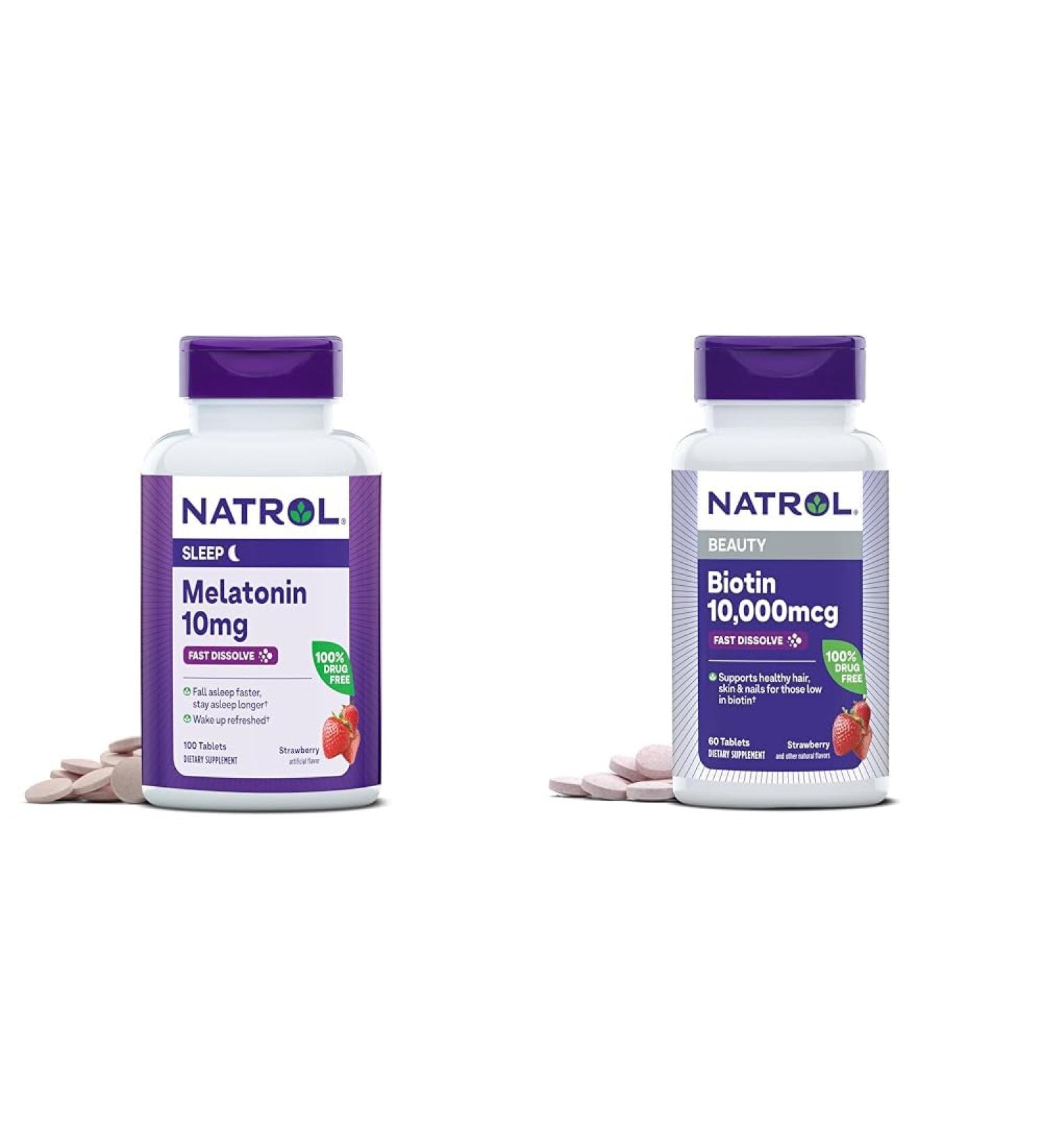 Natrol Melatonin 10mg Fast Dissolve 100ct & Biotin 10000mcg Fast Dissolve 60ct Strawberry Tablets Bundle for Sleep Hair Skin & Nails - Buy Online on GoSupps.com