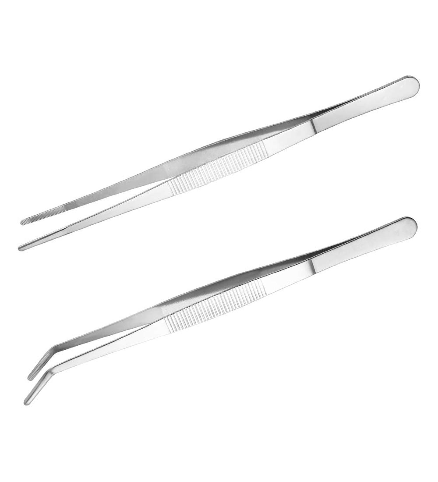 JKJF 12-Inch Stainless Steel Long Tweezers Set - Straight and Curved Precision Serrated Tips for Cooking and Repairing (2PCS) - Buy Online on GoSupps.com