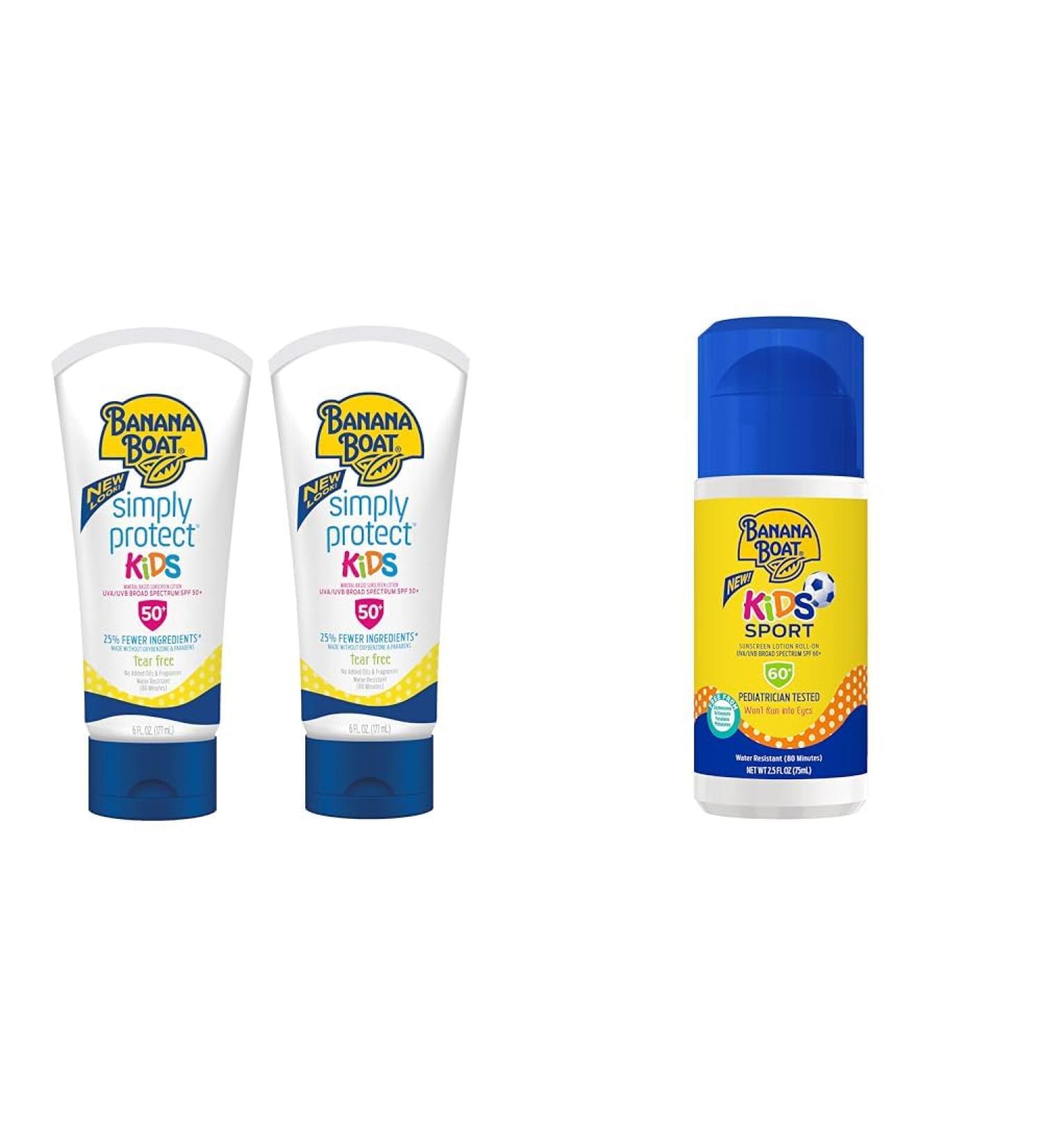 Banana Boat Kids Mineral Sunscreen Lotion SPF 50 Twin Pack and Sport Sunscreen Roll On Lotion SPF 60 Travel Size - Buy Online on GoSupps.com