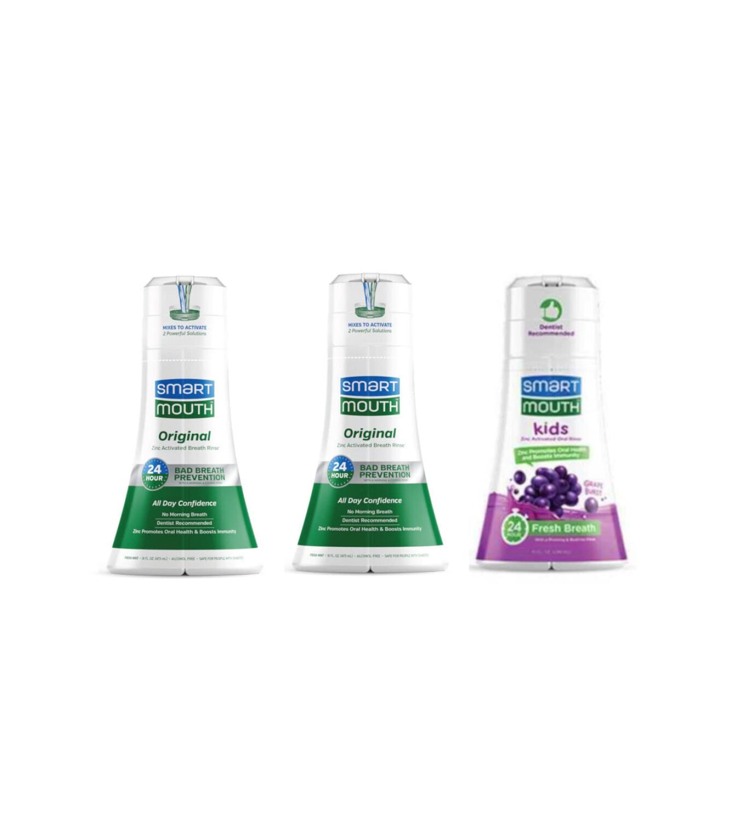 SmartMouth Kids Grape Burst & Original Activated Mouthwash Bundle - 2 Pack, 10 Fl Oz & 16 Fl Oz, Fresh Mint Flavor - Buy Online on GoSupps.com