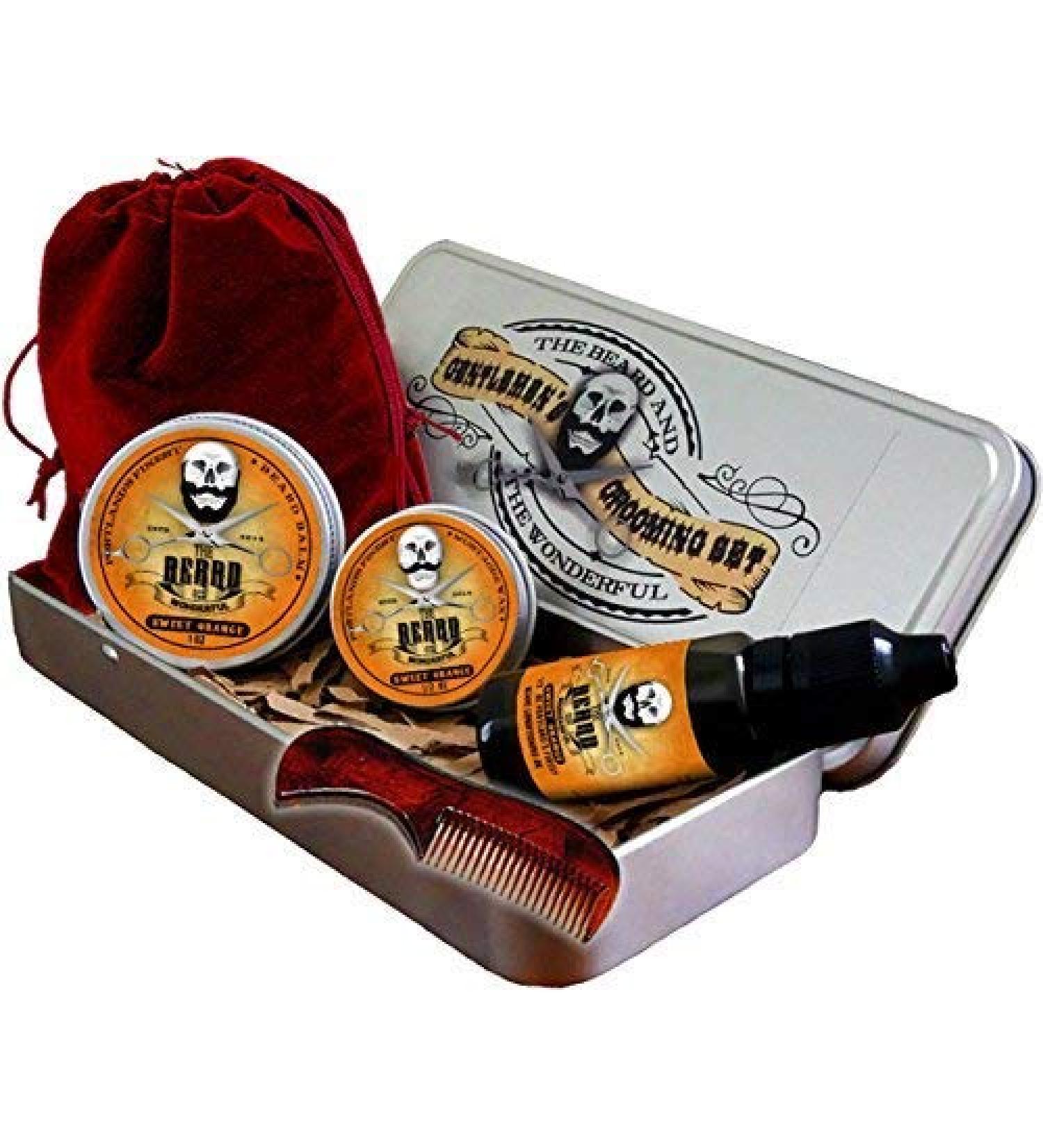 Beard Grooming Kit for Men in Metal Tin - 6 Piece Set with Sweet Orange Scent - Beard Wax, Balm, Oil, Comb - Gift Bag Included - Buy Online on GoSupps.com