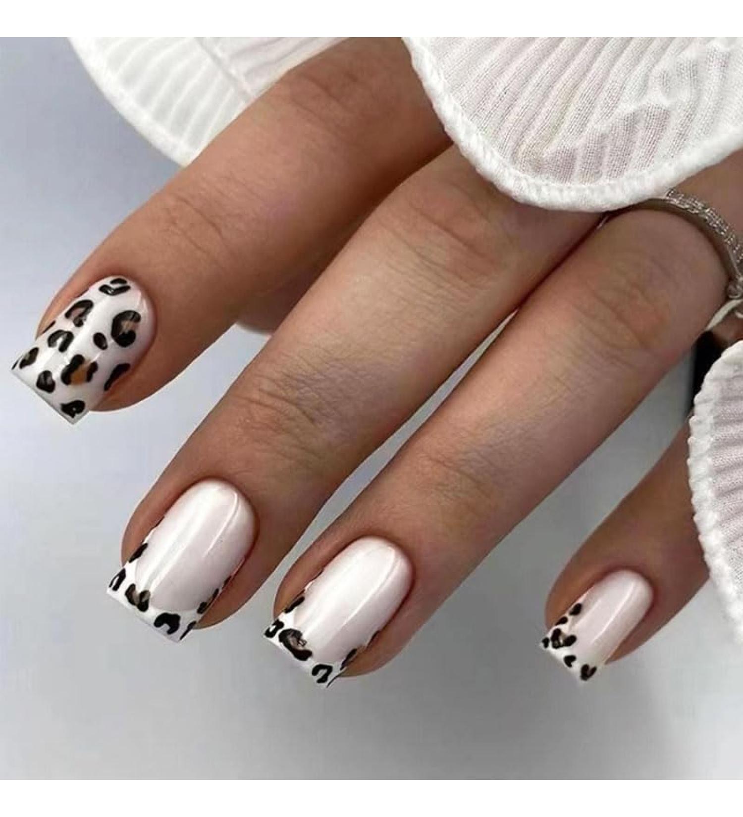Medium Square French Leopard Print Press on Nails - 24 Pcs Acrylic Fake Nails for Women & Girls Aurora Design for Daily Wear & Weddings - Buy Online on GoSupps.com