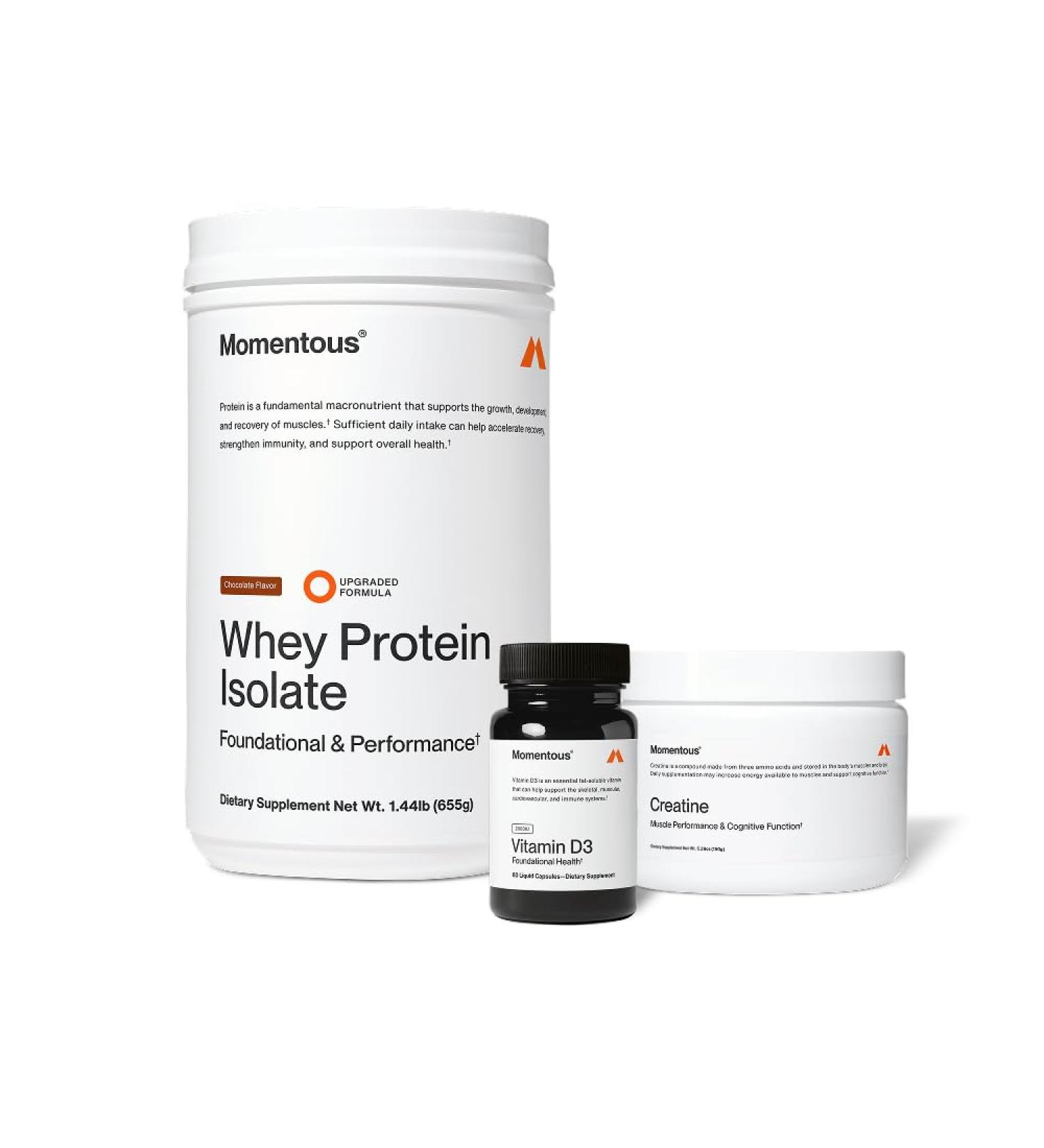 Momentous Arnold's Stack - Creatine Monohydrate Powder Essential Grass-Fed Whey Protein Powder (Chocolate) & Vitamin D3 (2000 IU) - Daily Fundamentals to Support Muscle Strength & Longevity - Buy Online on GoSupps.com