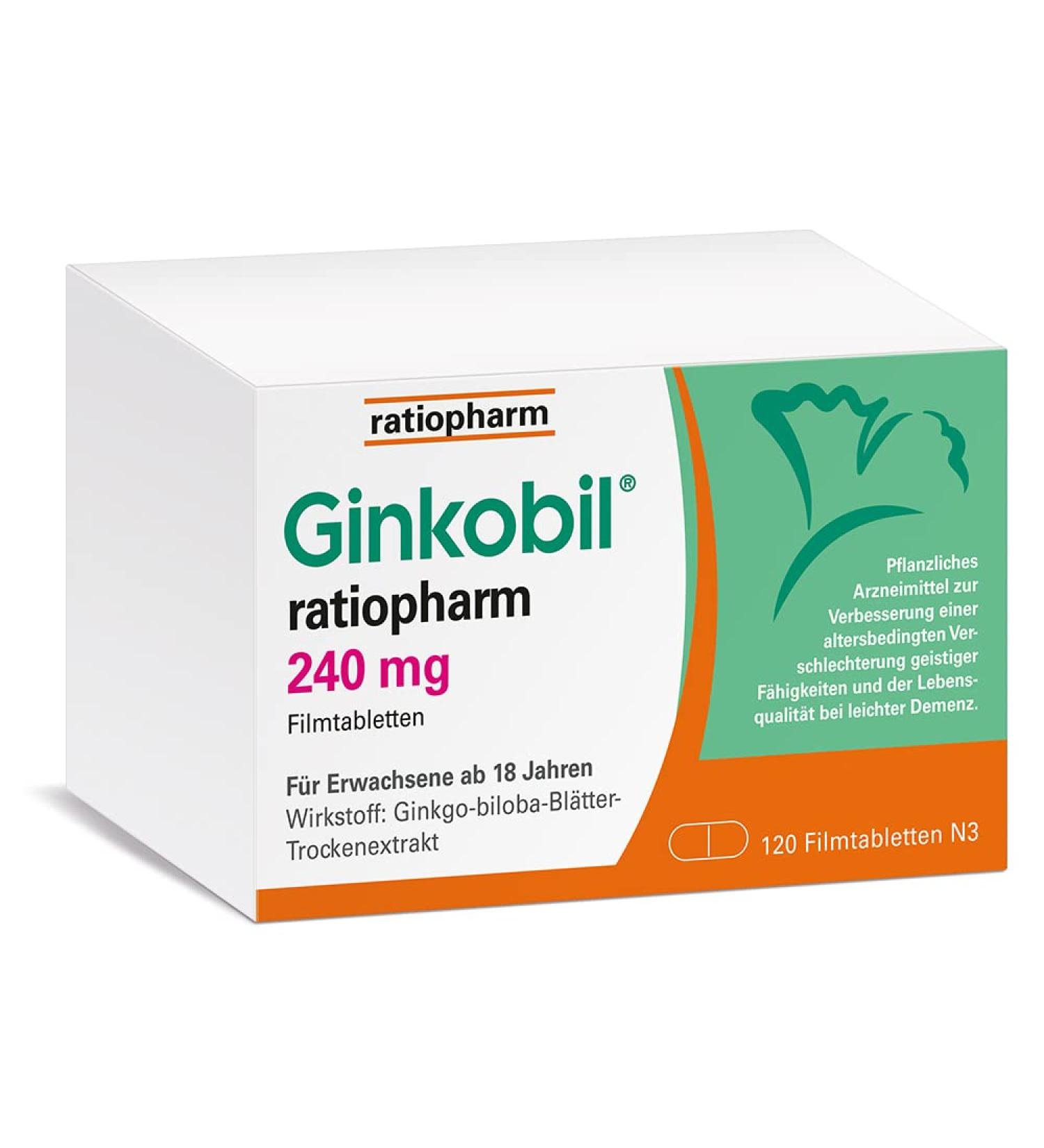 Ginkobil Ratiopharm 240 mg - Ginkgo Biloba Memory & Concentration Support - 120 Film-Coated Tablets Boost Brain Function Worldwide Shipping - Buy Online on GoSupps.com