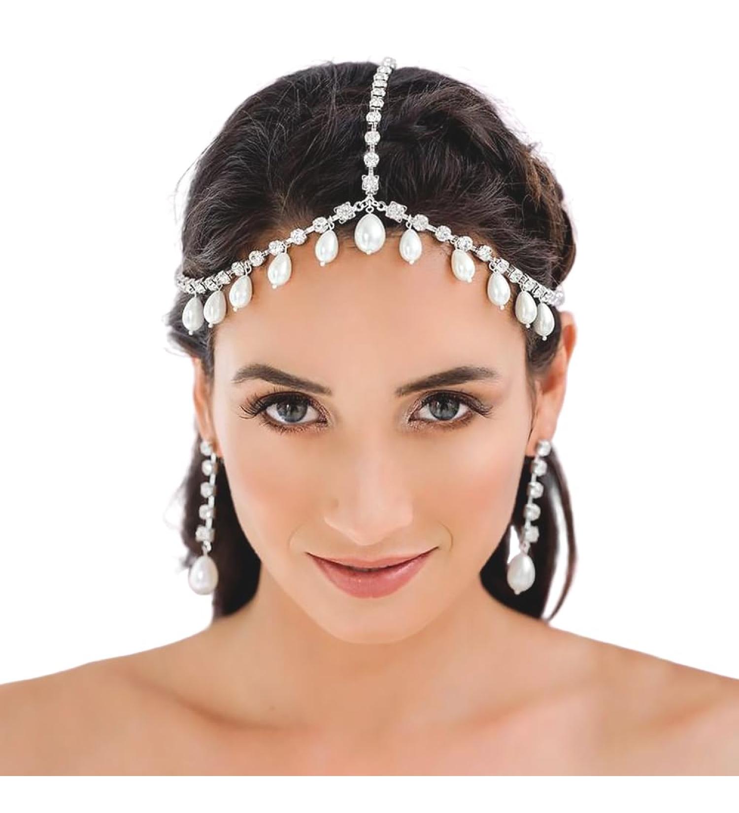 YAEISM Silver Head Chain Pearls Pendant Headpiece Sparkly Rhinestone Boho Headpiece Shiny Tassel Hair Chain Bridal Party Costume Hair Accessories for Women and Girls - Buy Online on GoSupps.com