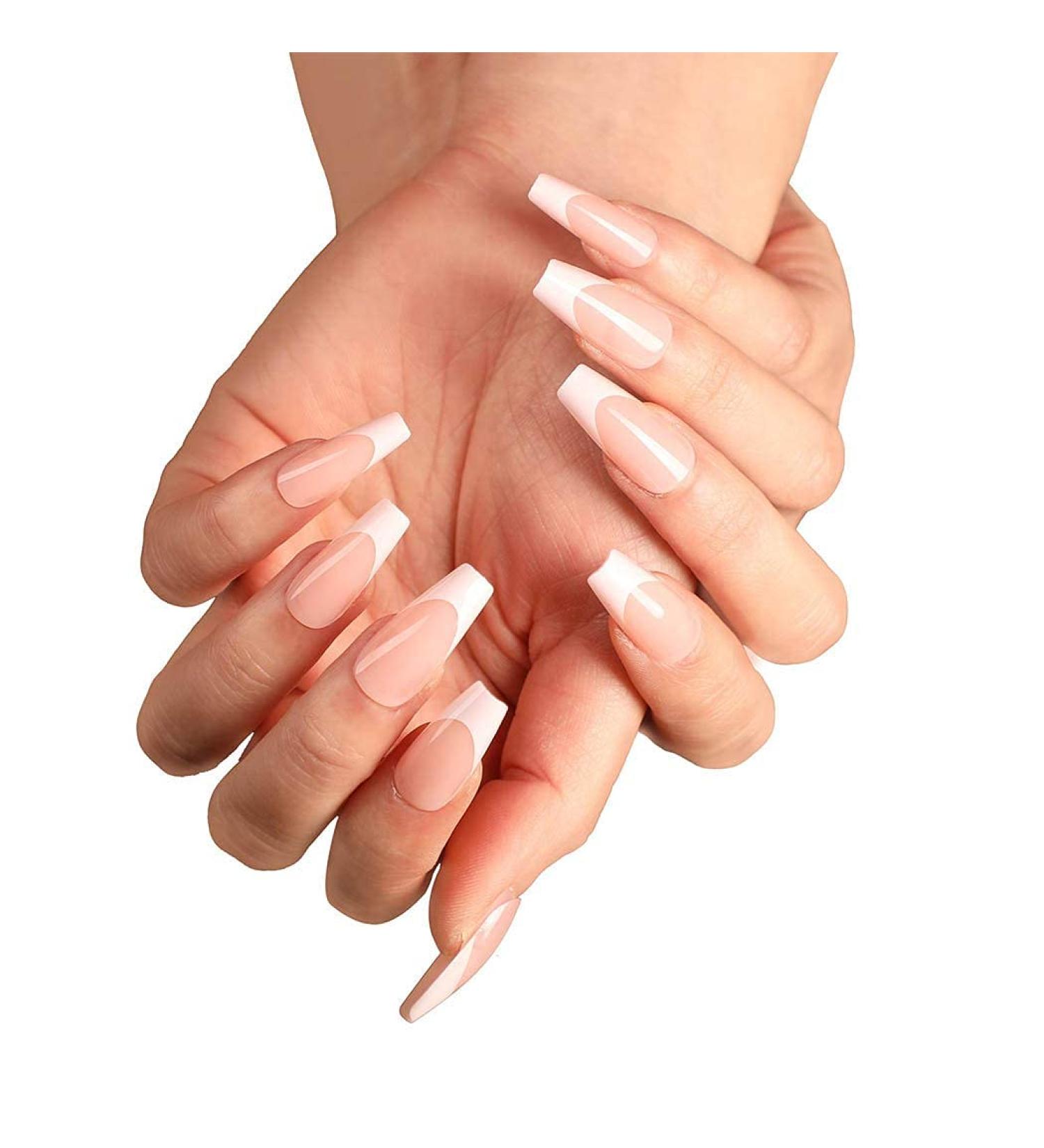 Aksod Long Coffin French Manicure Press on Nails Tips - Glossy Pink Fake Nails - 24Pcs Full Cover False Nails for Women and Girls - Buy Online on GoSupps.com