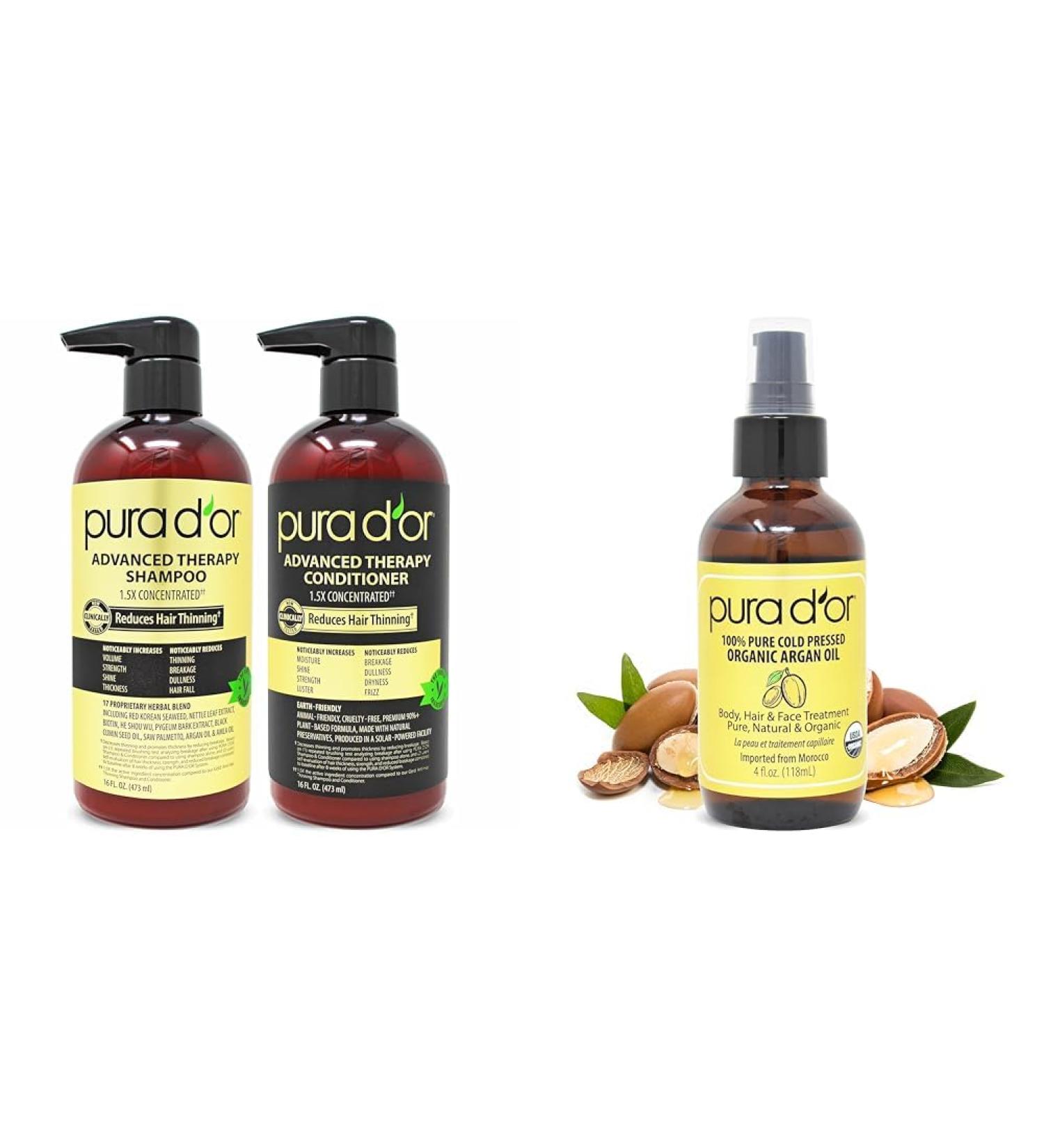 PURA D'OR Anti-Thinning Advanced Therapy Biotin Shampoo & Conditioner Hair Care Set & Organic Moroccan Argan Oil (4oz / 118mL) USDA Certified 100% - Buy Online on GoSupps.com
