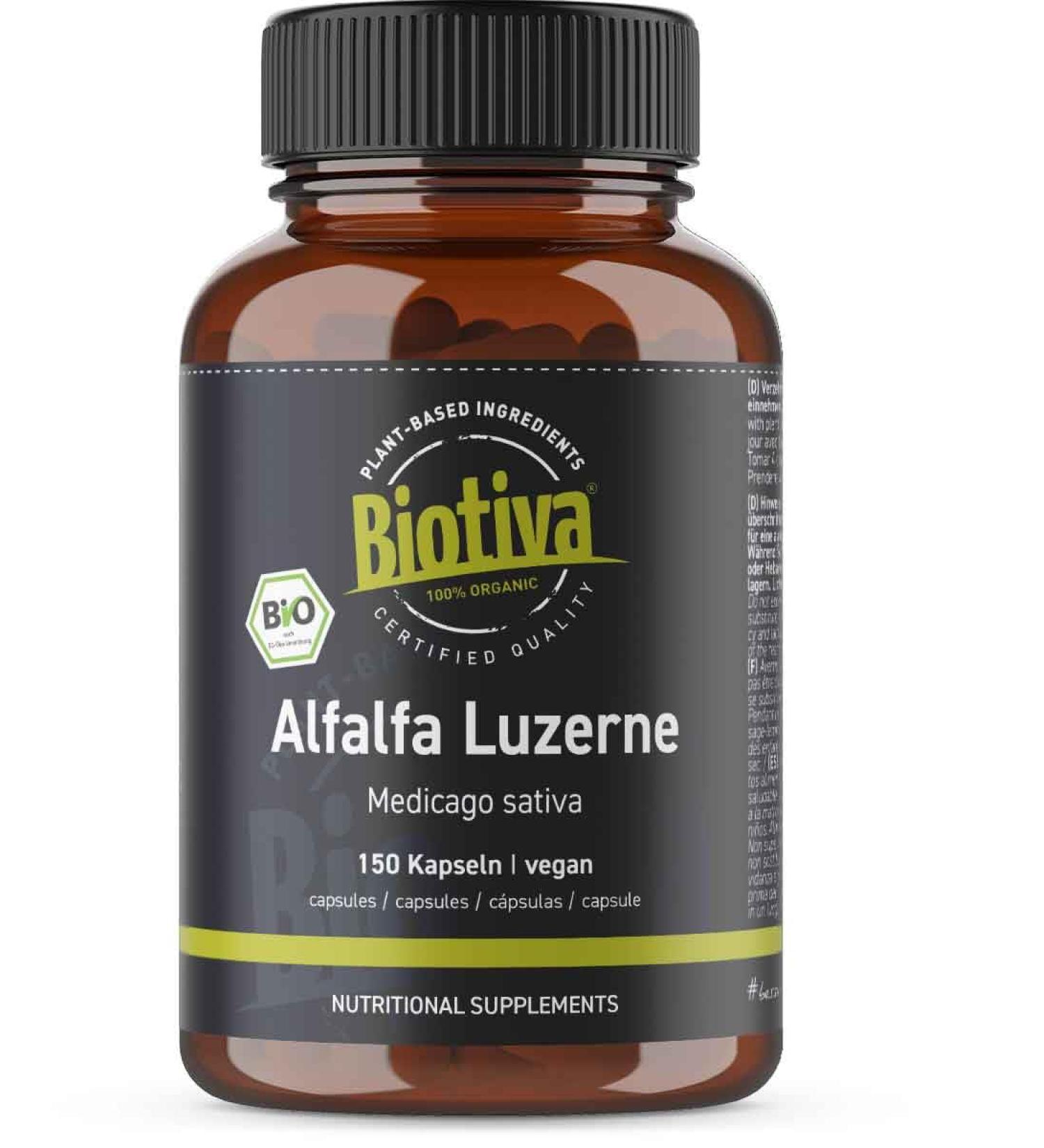 Buy Alfalfa Lucerne Bio Capsules - 150 Vegan Capsules - Medicago Sativa - Biotiva - Quality Assured in Germany - International Shipping Available - Buy Online on GoSupps.com