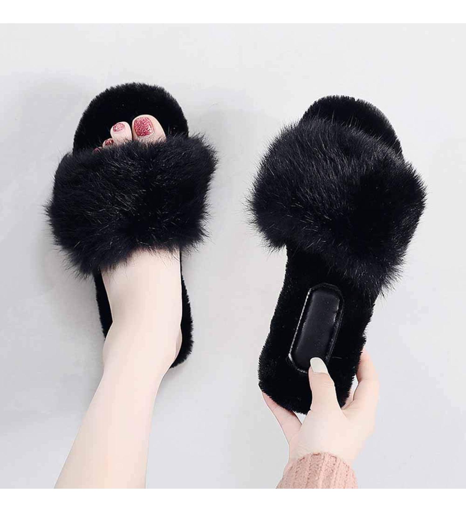 Women's Slippers Black Fluffy Sliders Faux Fur Slippers Women Fashion Ladies Shoes Furry Flip Flops Slides with Arch Support Female Flat Sandals Autumn for Indoor Outdoor (A 24.5CM) (A 24.5CM) - Buy Online on GoSupps.com