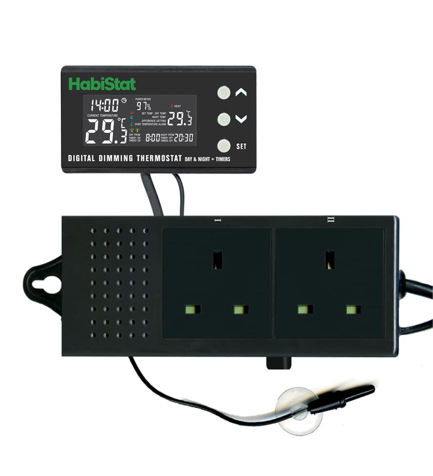 Habistat - Digital Dimming Thermostat - Day And Night Timer - Waterproof - 3 Metre Long Sensor - Adjustable Alarm - Perfect For Reptile Encourages - 600 Watt - Buy Online on GoSupps.com