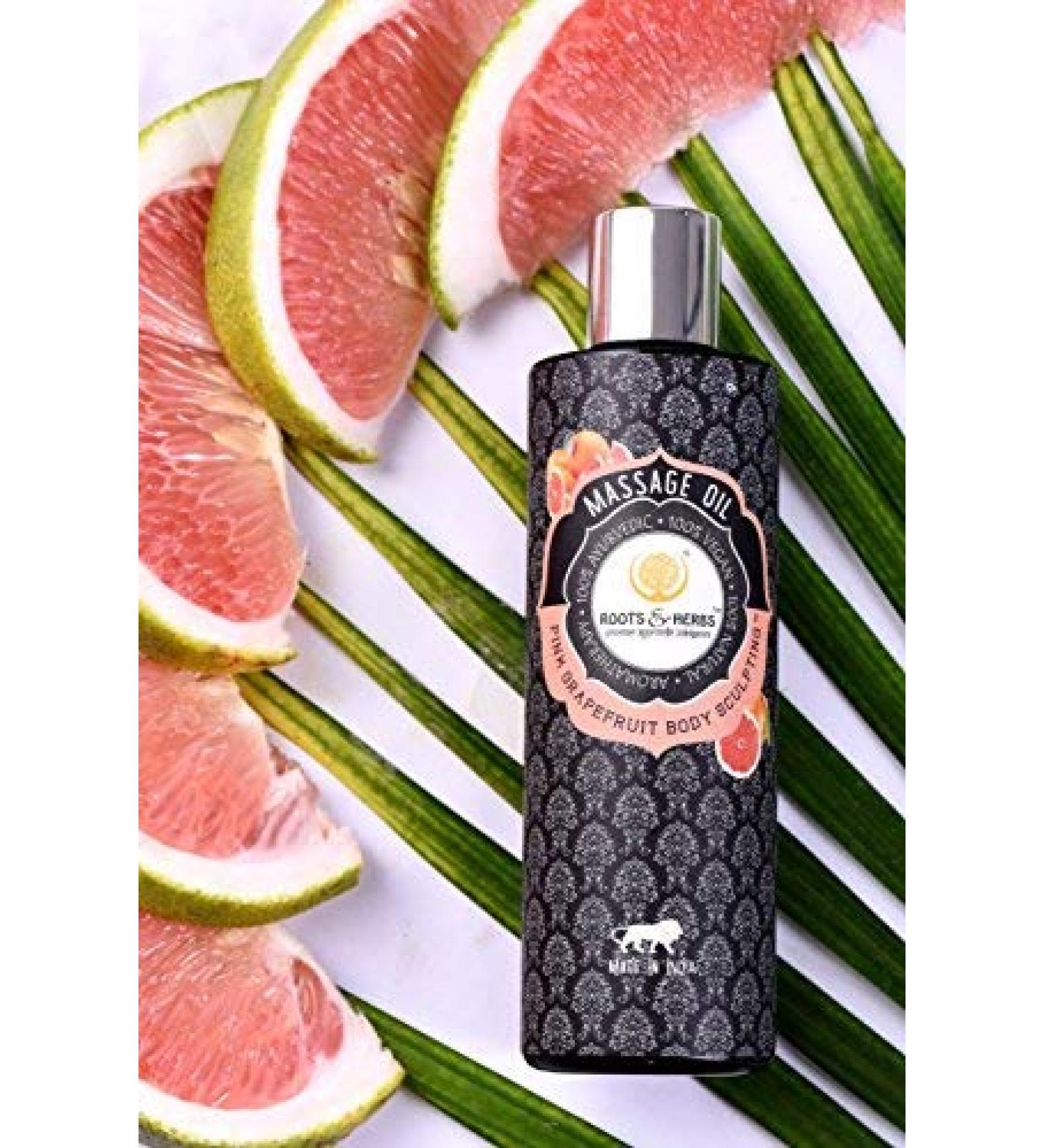 ROOTS AND HERBS Body Massage Oil Warmer with Cold-Pressed Black Seed Oil Wintergreen Eucalyptus Oil & Ayurvedic Herbs Body Massage Oil for Massage Therapy Roots and Herbs 6.76 oz (Pink Grapefruit)