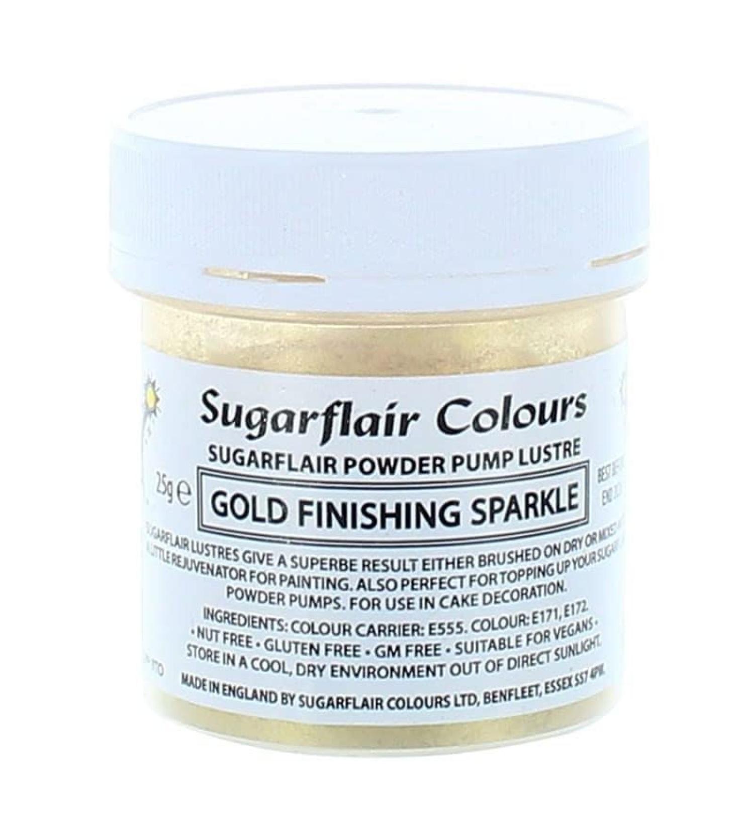 Sugarflair Colours Edible Power Pump Lustre - Gold Finishing Sparkle - Food Colouring Powder Edible Colour Dust Brush On Spray or Create Eye-Catching Paint Effect - 25g