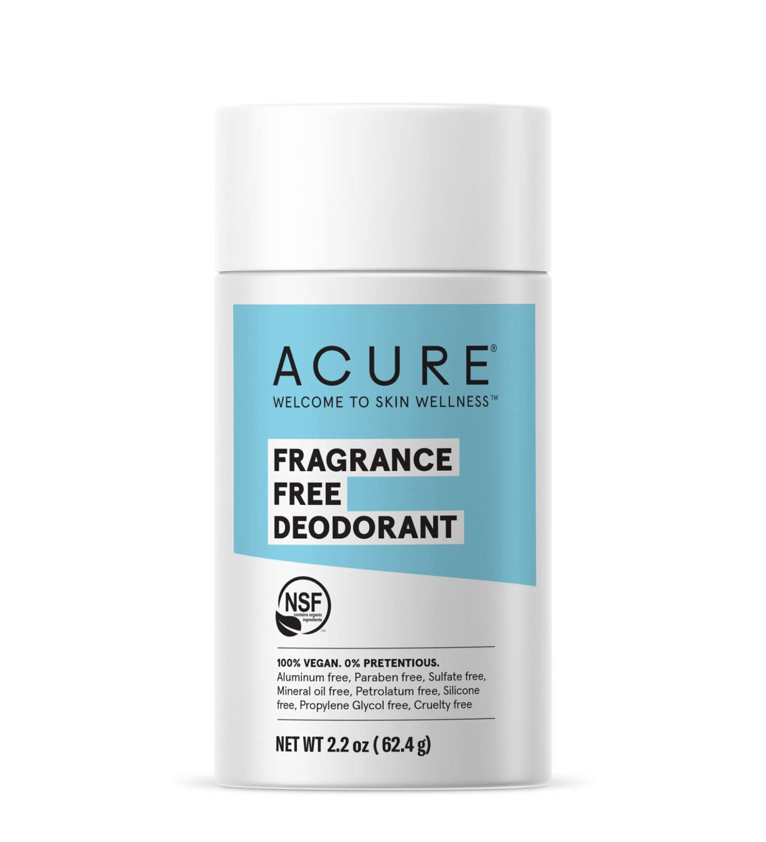 Acure Fragrance & AluminumFree Deodorant | 100% Vegan | For Sensitive Skin | NSF Certified - Contains Organic Ingredients | Unscented, 2.2 Oz Fragrance Free