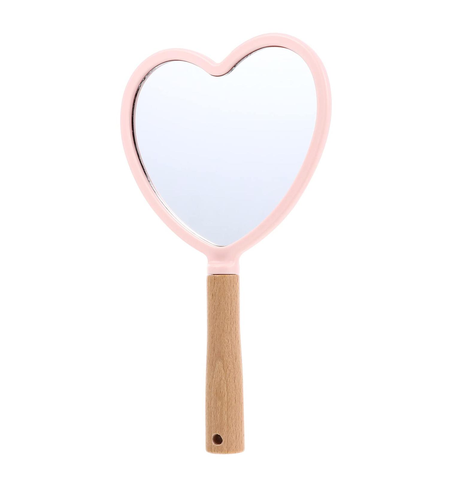 Uonlytech Heart-Shaped LED Makeup Mirror with Wooden Handle - Portable Handheld Cosmetic Mirror for Women - Buy Online on GoSupps.com