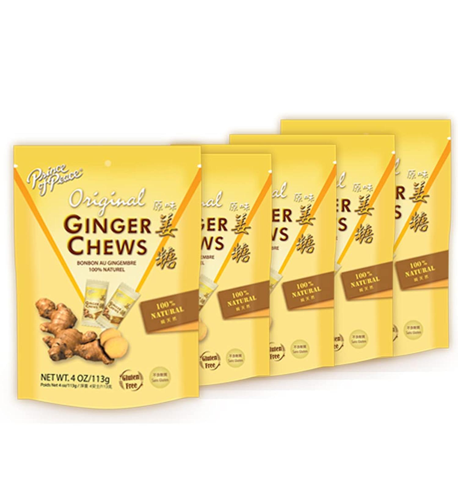 Prince of Peace Original Ginger Chews 4 oz - Natural Candied Ginger Candy for Nausea Relief - 5 Pack - Buy Online on GoSupps.com
