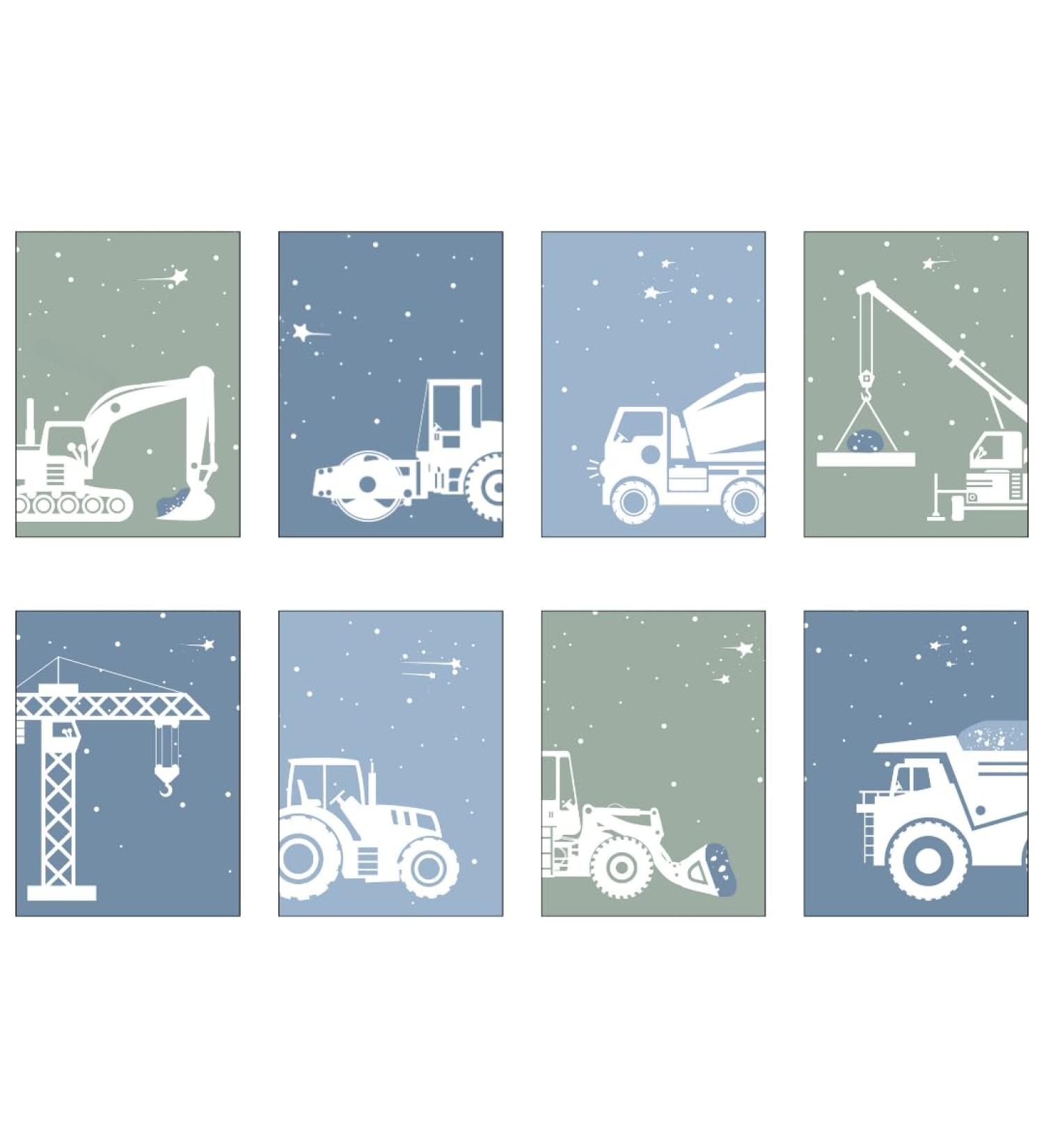 Waschilkind Construction Vehicles Poster Set - 8 A4 Posters for Kids' Room | Excavators Cranes Trucks & More in Blue & Green - Perfect for Baby & Boys D cor | Unframed - Buy Online on GoSupps.com