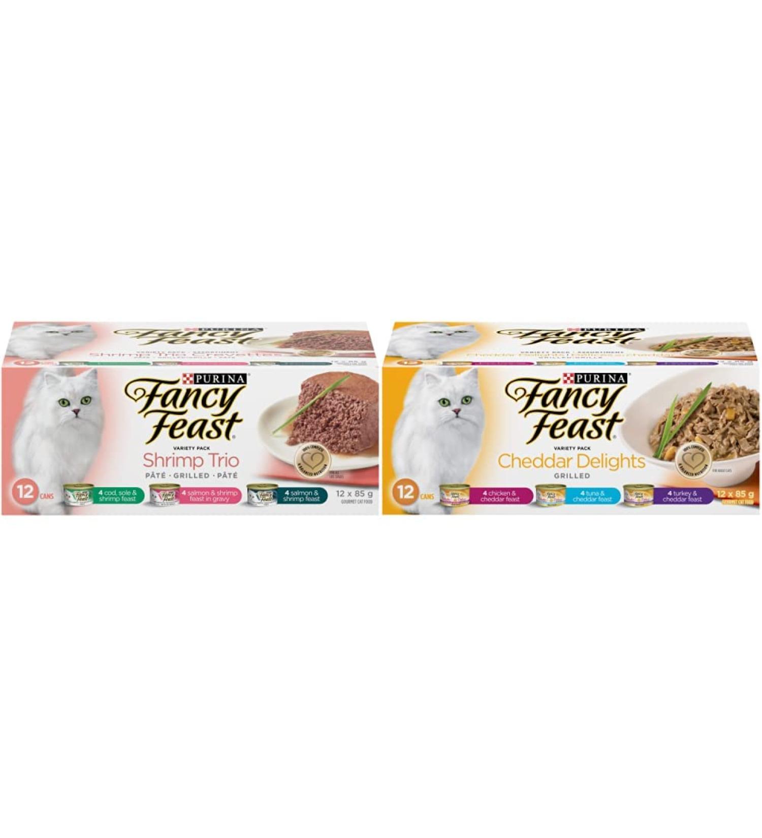 Fancy Feast Wet Cat Food Shrimp Trio Variety Pack 85 g Cans (12 Pack) & Fancy Feast Wet Cat Food Cheddar Delights Grilled Variety Pack 85 g Cans (12 Pack) - Buy Online on GoSupps.com