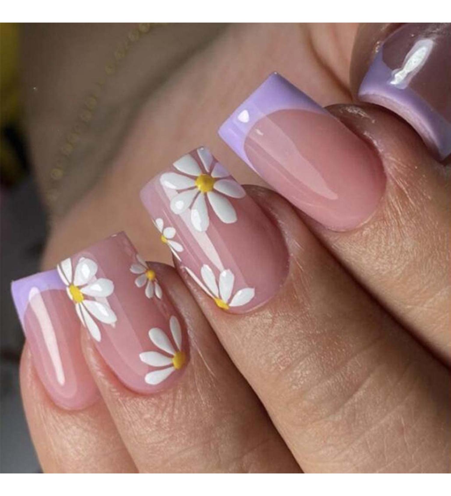 Foccna French Tip Purple Fake Nails - 24pcs Square Acrylic False Nails with Flower Design for Women and Girls - Buy Online on GoSupps.com