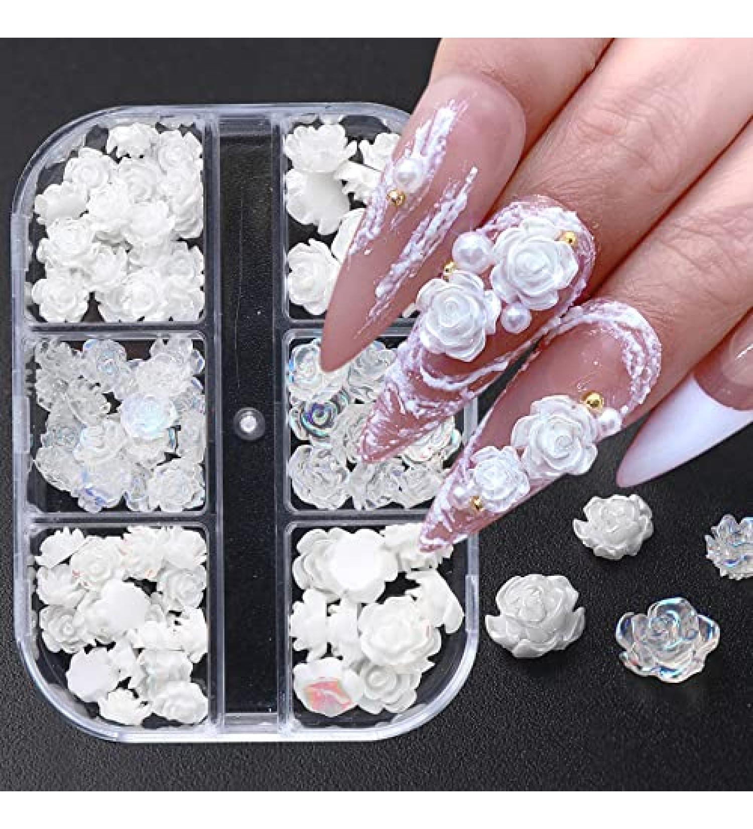 3D White Aurora Camellia Nail Charms - 90Pcs Elegant Wedding Nail Art Jewelry for DIY Decorations - Buy Online on GoSupps.com