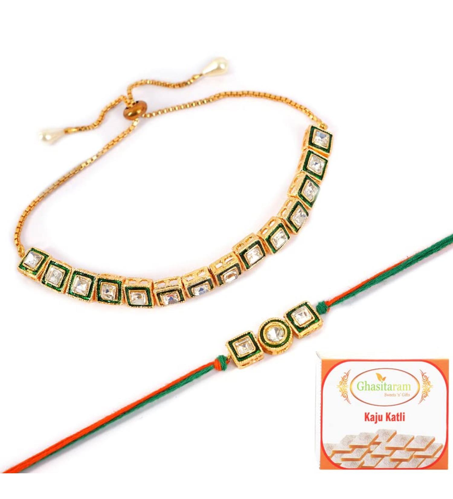 Ghasitaram Gifts Rakhis Online - Rakhi for Brother-MJ-1 Bhaiya Bhabhi Rakhi with 200 GMS of Kaju katli Rakhi Set with 200 gms of Kaju katli - Buy Online on GoSupps.com