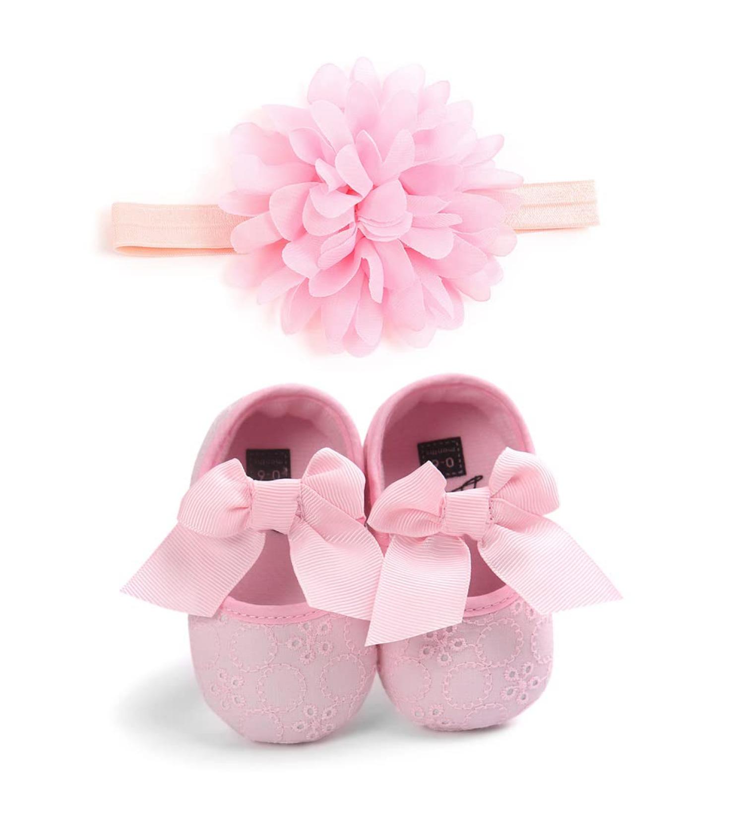 Baby Girls First Walking Shoes | Mary Jane Flats with Bow-Knot and Headband | Anti-Slip Soft-Soled Princess Shoes | 6-12 Months Pink - Buy Online on GoSupps.com