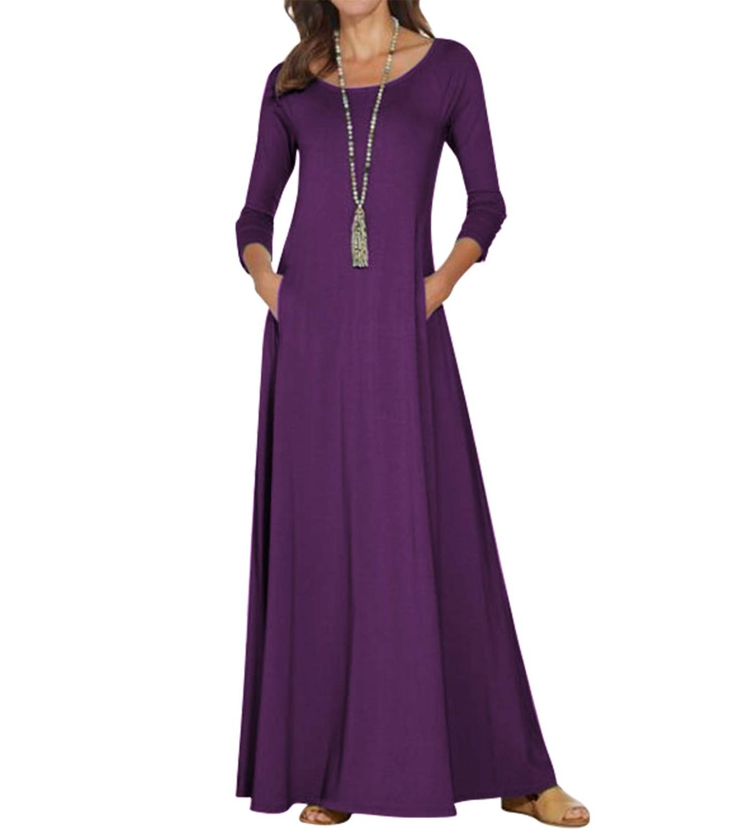 Jacansi Women's Purple 3/4 Sleeve Maxi Dress with Pockets - Casual Boat Neck Style - Buy Online on GoSupps.com