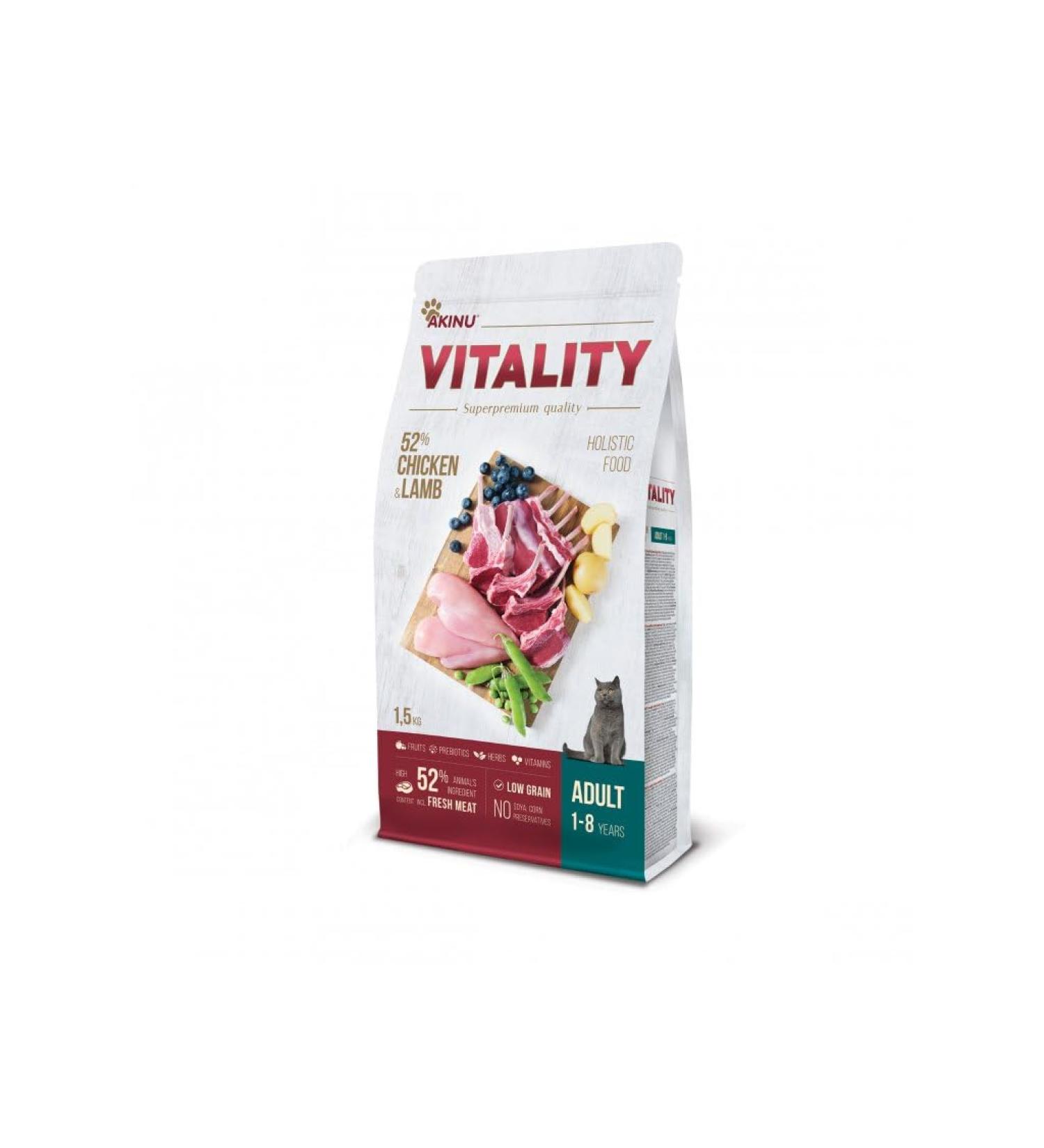 Akinu Vitality Holistic Adult Cat Food Chicken & Lamb – Super Premium Grain Free Holistic Food for Healthy Skin & Coat 1.5kg